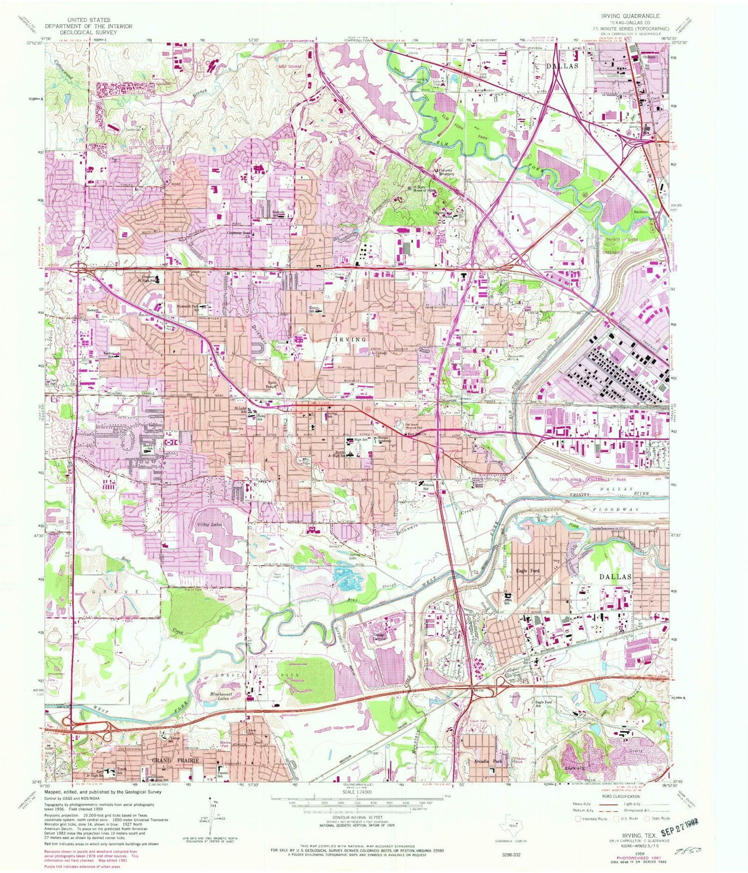 Classic USGS Irving Texas 7.5'x7.5' Topo Map Image