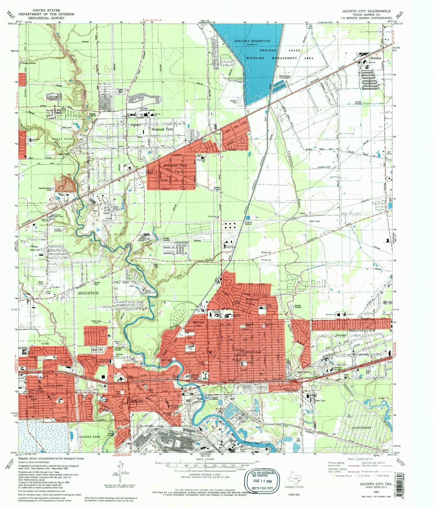 Classic USGS Jacinto City Texas 7.5'x7.5' Topo Map Image