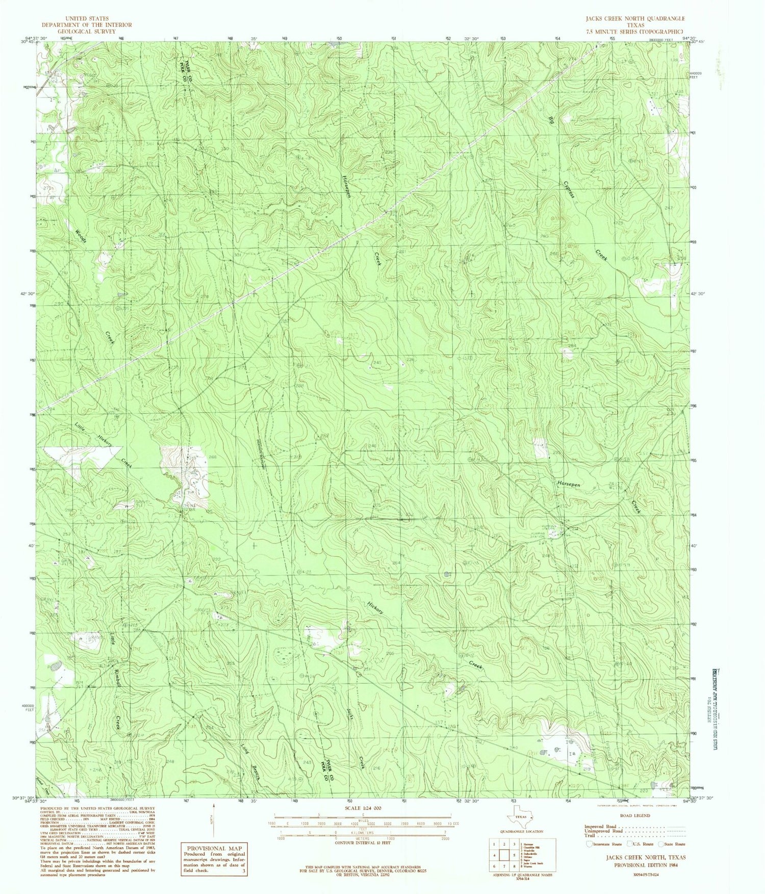 Classic USGS Jacks Creek North Texas 7.5'x7.5' Topo Map Image