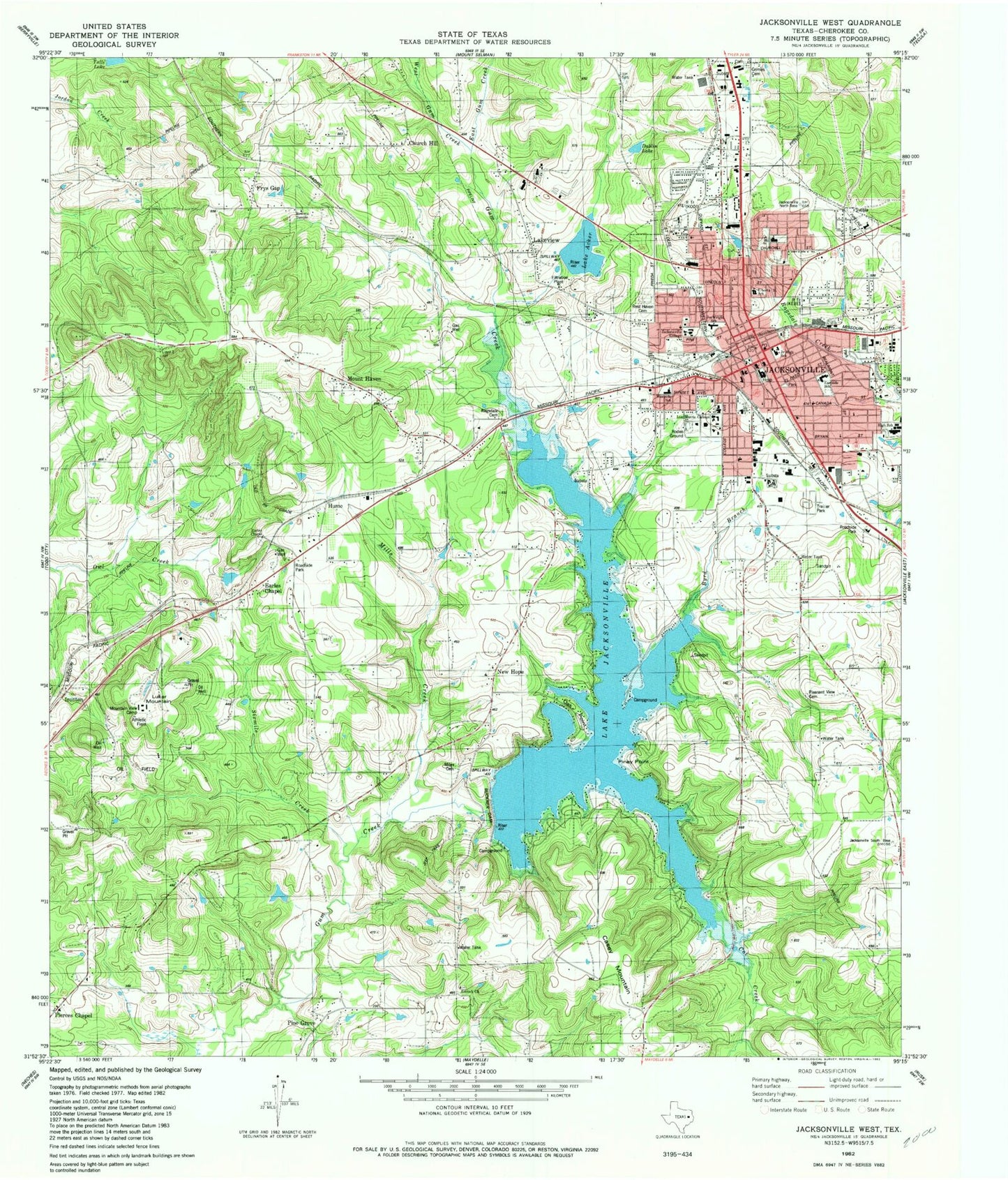 Classic USGS Jacksonville West Texas 7.5'x7.5' Topo Map Image