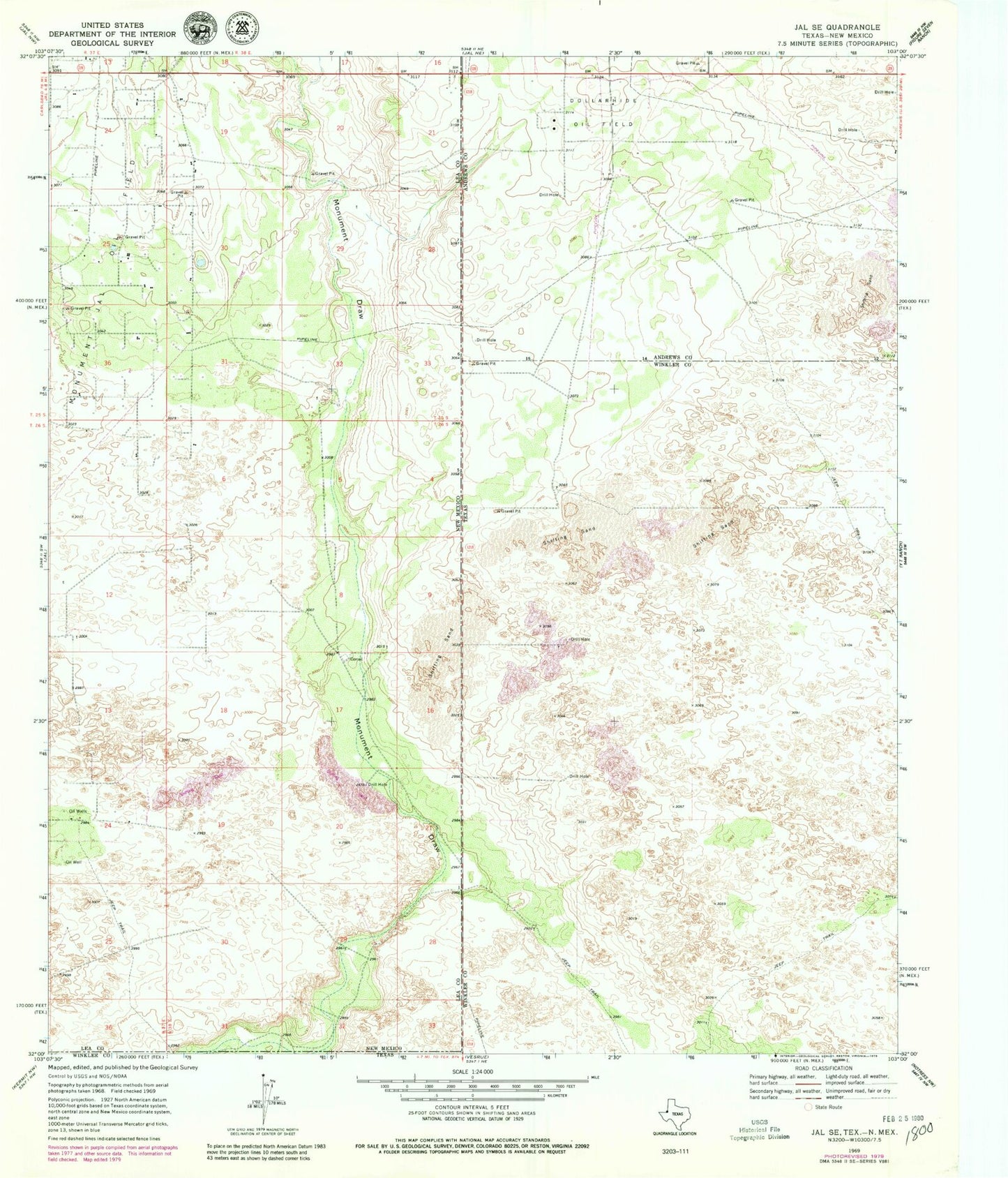 Classic USGS Jal SE Texas 7.5'x7.5' Topo Map Image