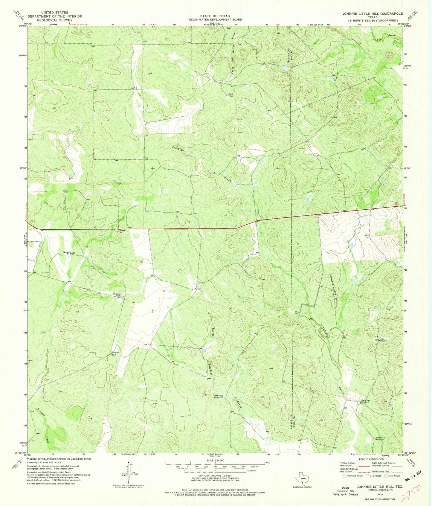 Classic USGS Johnnie Little Hill Texas 7.5'x7.5' Topo Map Image