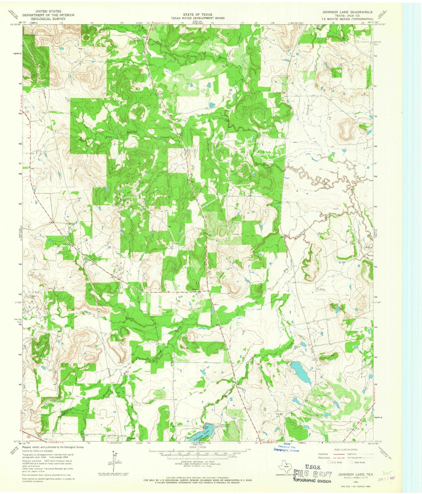 Classic USGS Johnson Lake Texas 7.5'x7.5' Topo Map Image