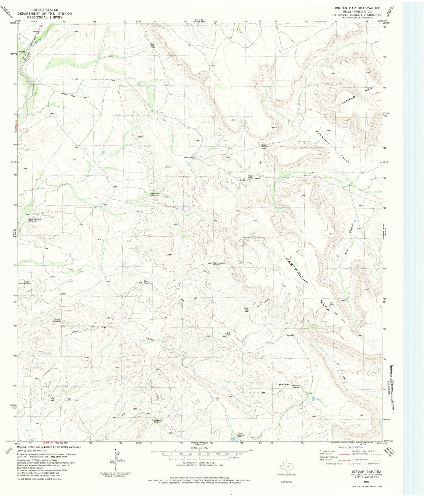 Classic USGS Jordan Gap Texas 7.5'x7.5' Topo Map Image