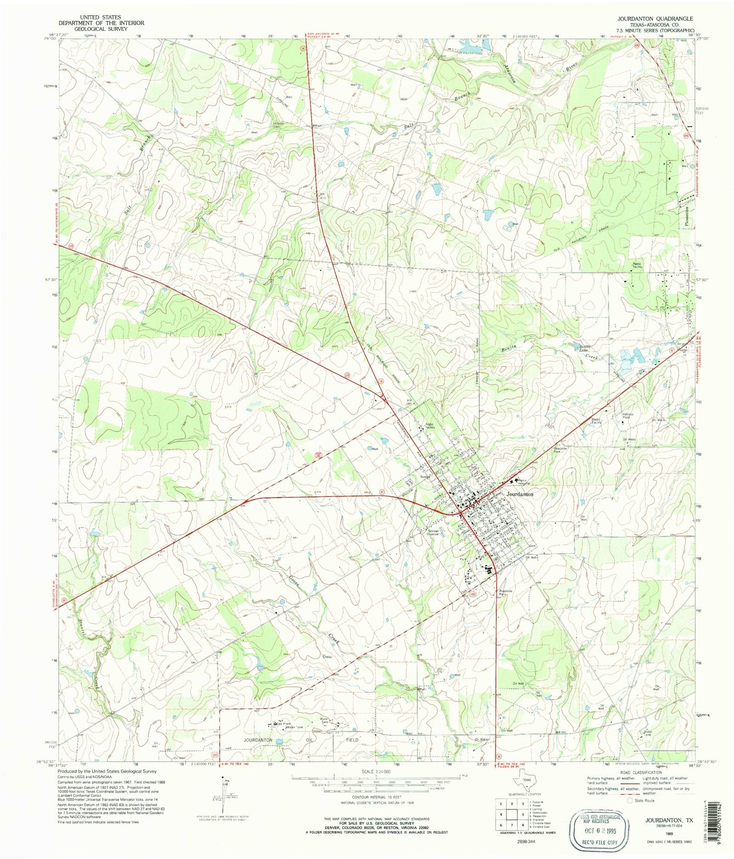 Classic USGS Jourdanton Texas 7.5'x7.5' Topo Map Image