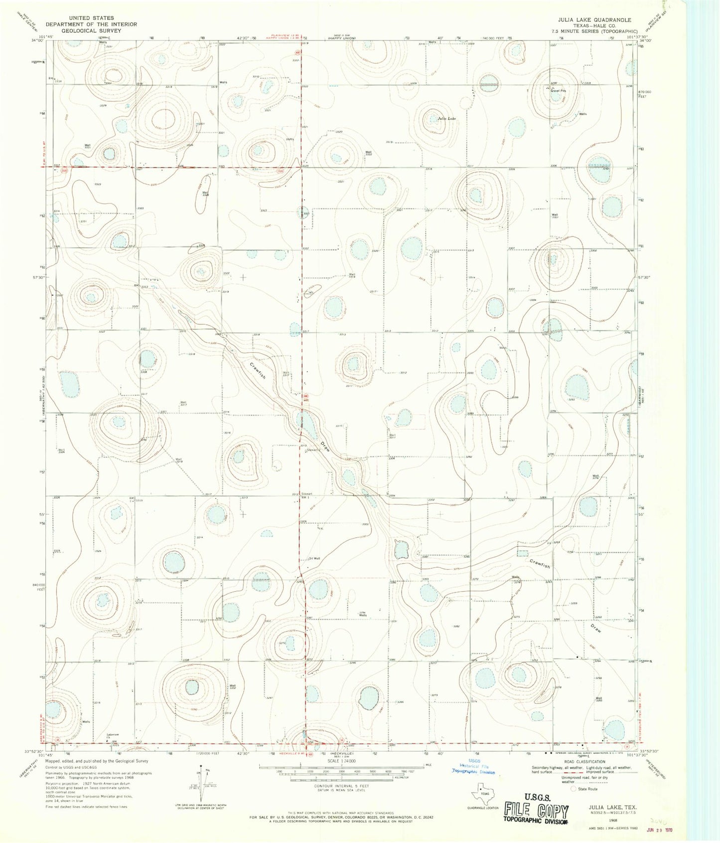 Classic USGS Julia Lake Texas 7.5'x7.5' Topo Map Image