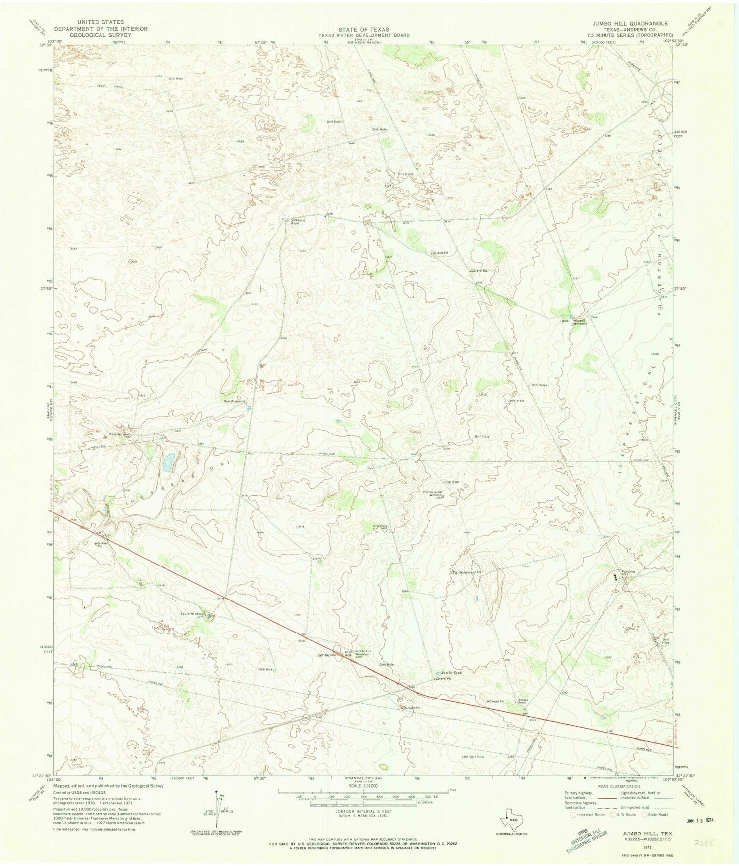 Classic USGS Jumbo Hill Texas 7.5'x7.5' Topo Map Image