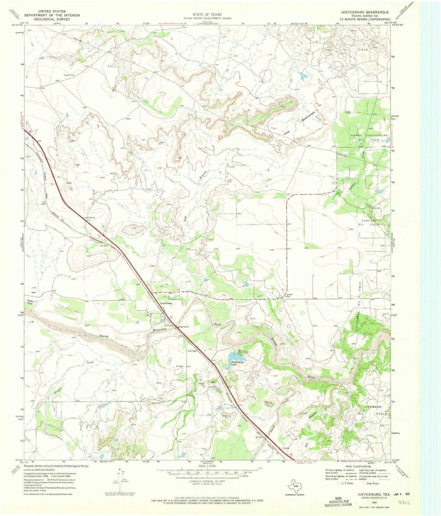 Classic USGS Justiceburg Texas 7.5'x7.5' Topo Map Image