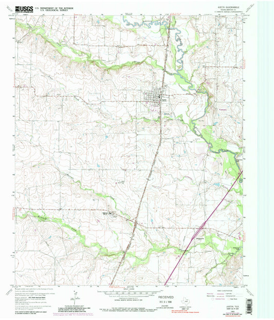 Classic USGS Justin Texas 7.5'x7.5' Topo Map Image