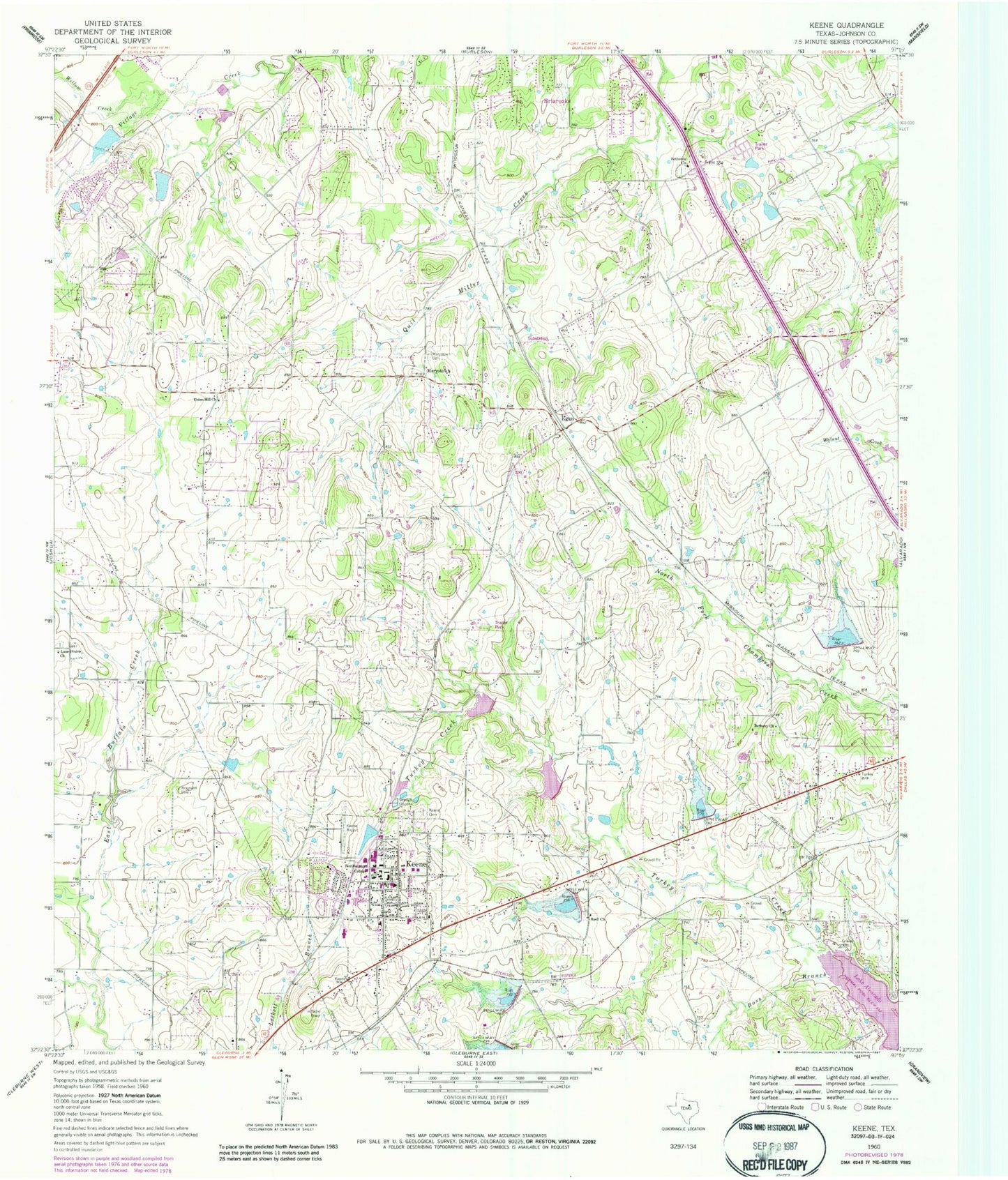 Classic USGS Keene Texas 7.5'x7.5' Topo Map Image