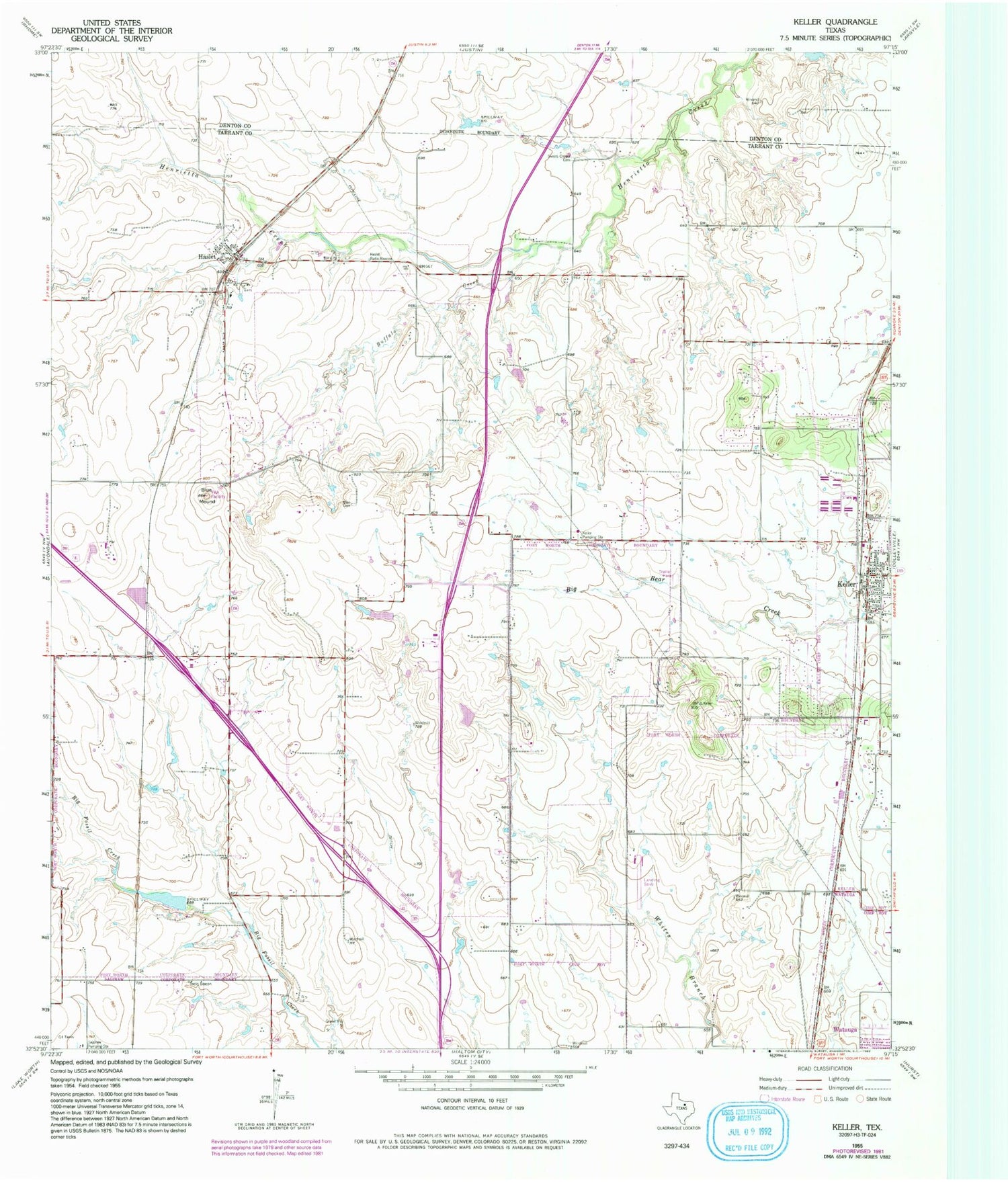 Classic USGS Keller Texas 7.5'x7.5' Topo Map Image