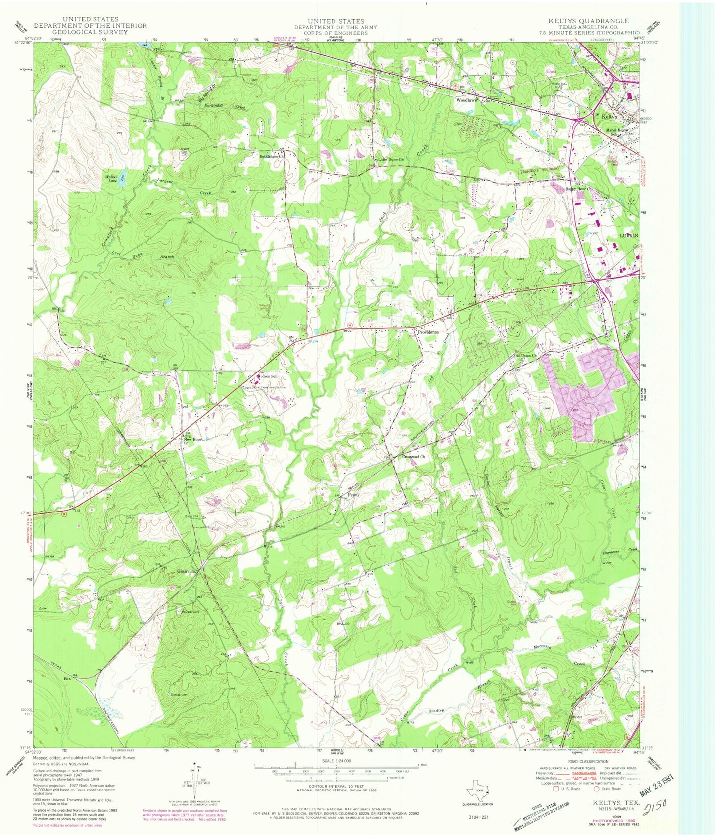 Classic USGS Keltys Texas 7.5'x7.5' Topo Map Image