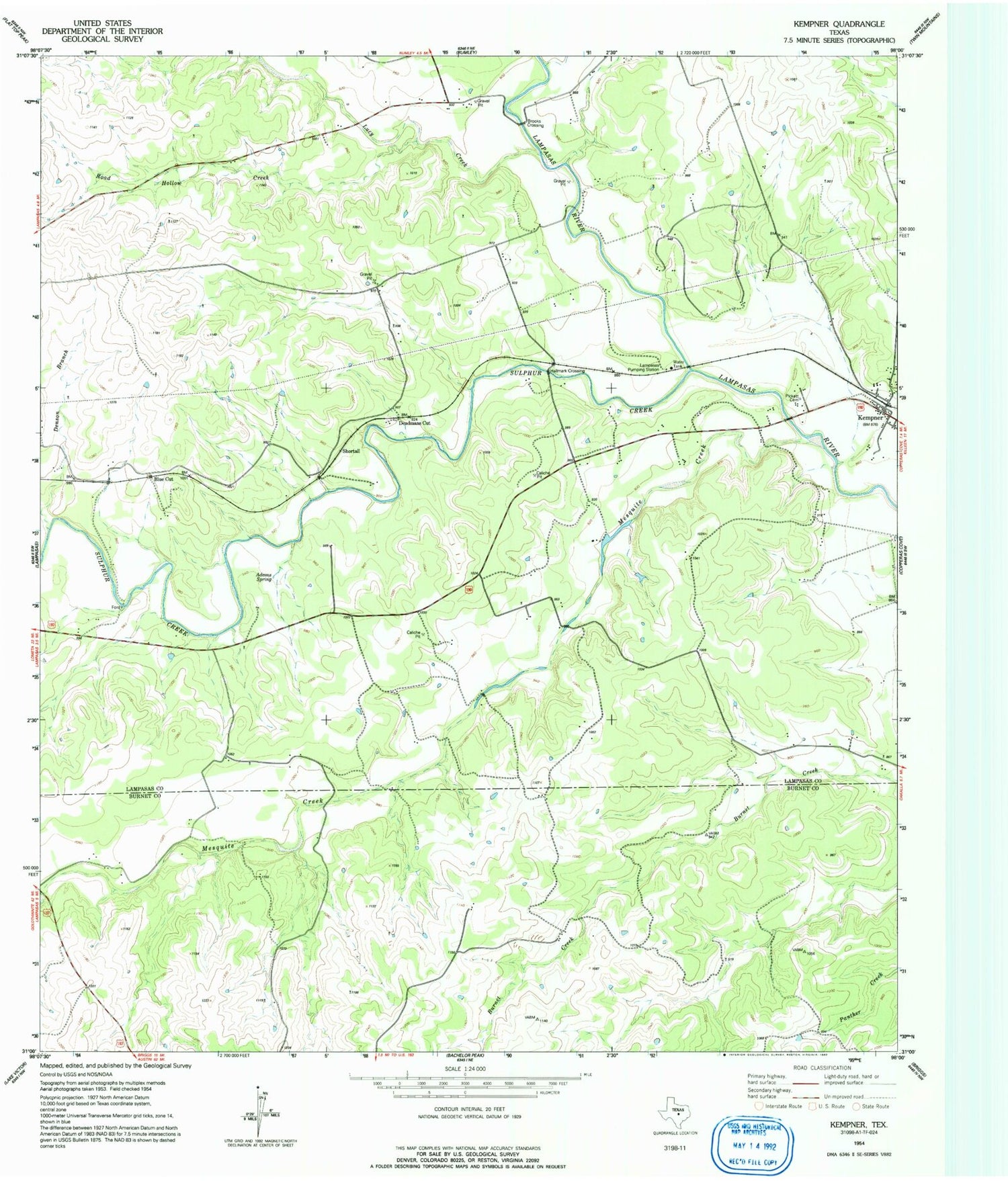 Classic USGS Kempner Texas 7.5'x7.5' Topo Map Image