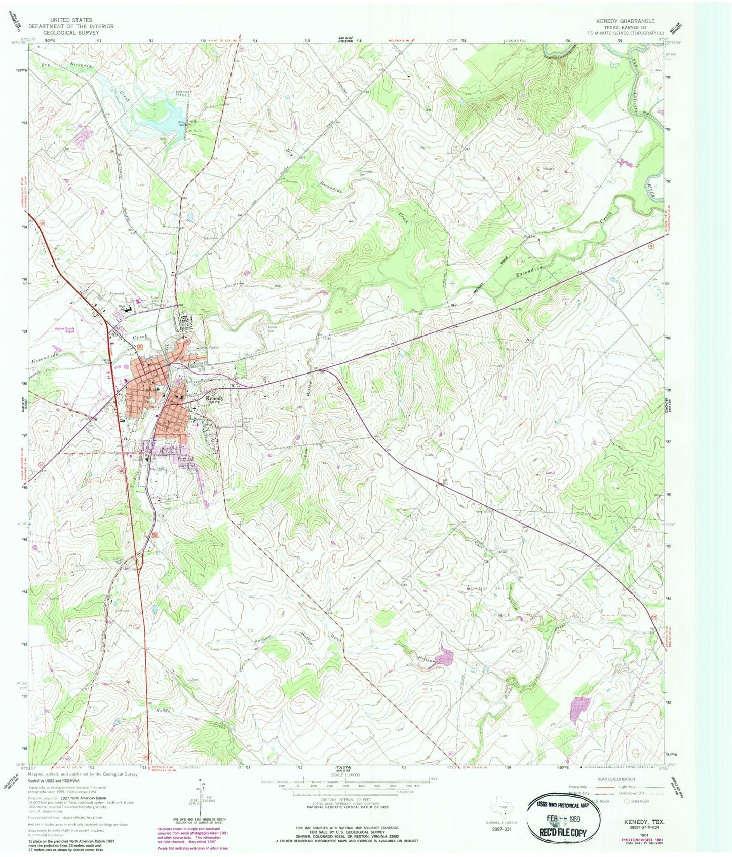 Classic USGS Kenedy Texas 7.5'x7.5' Topo Map Image