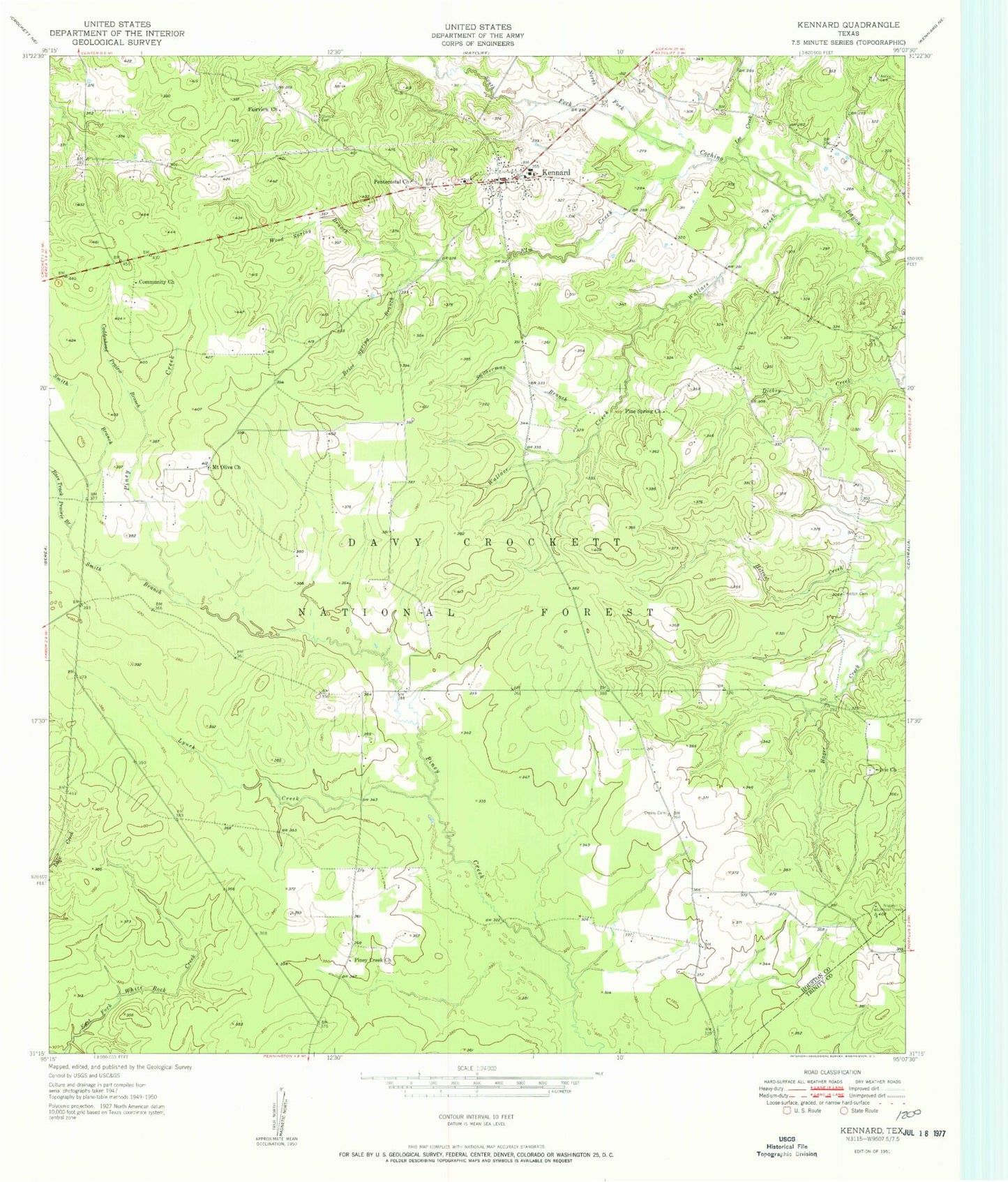 Classic USGS Kennard Texas 7.5'x7.5' Topo Map Image