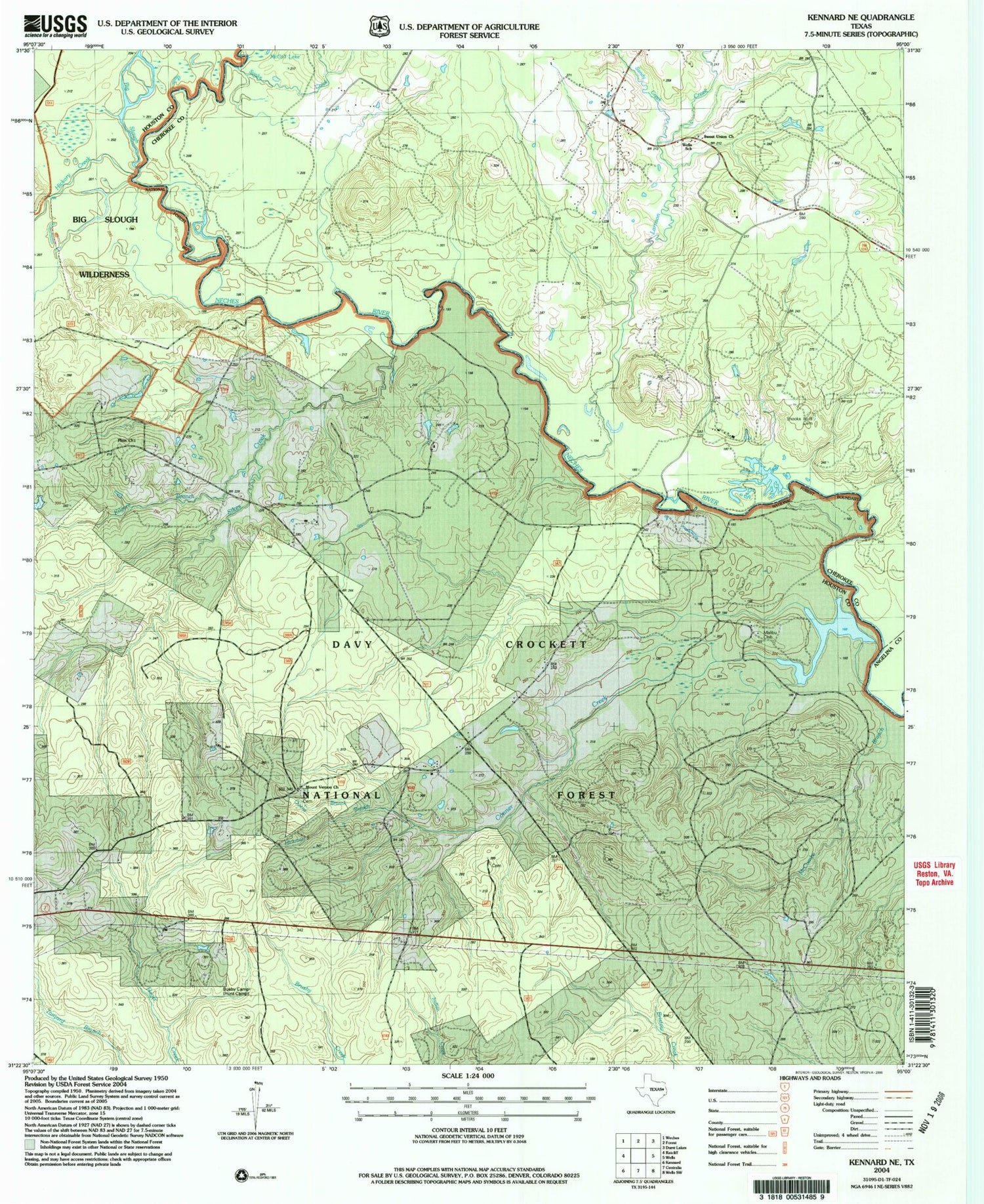 Classic USGS Kennard NE Texas 7.5'x7.5' Topo Map Image