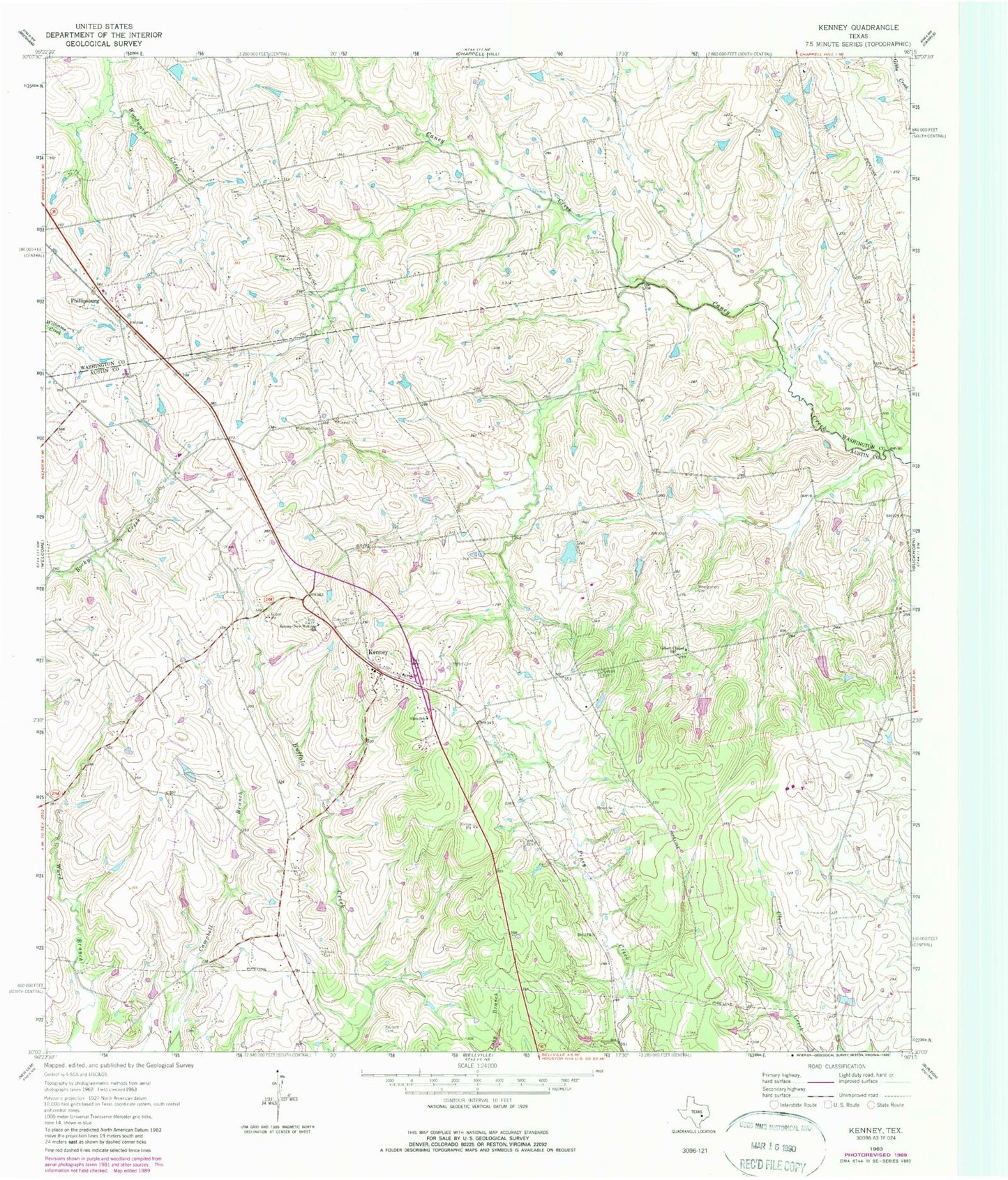 Classic USGS Kenney Texas 7.5'x7.5' Topo Map Image