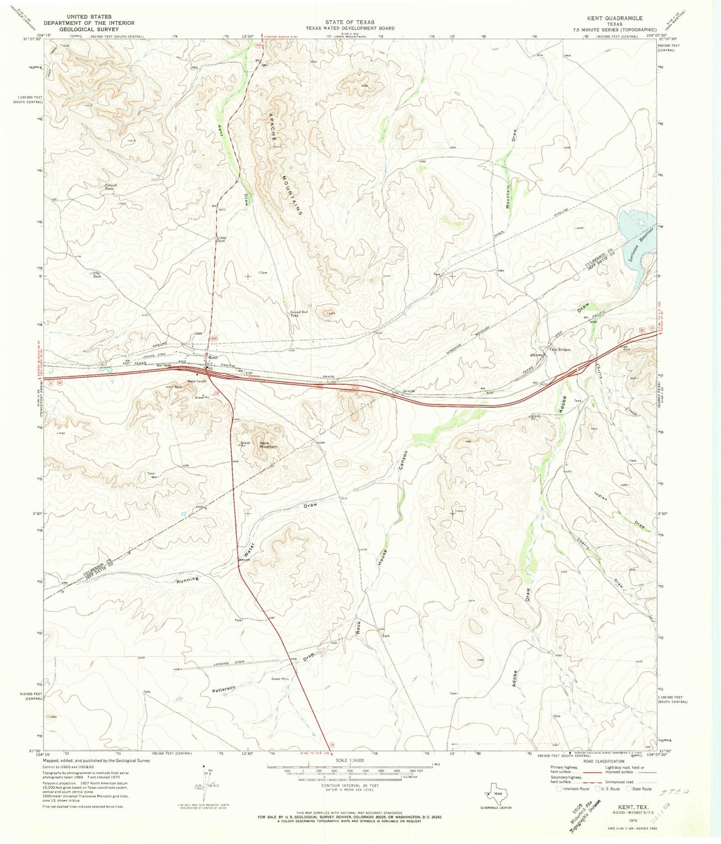 Classic USGS Kent Texas 7.5'x7.5' Topo Map Image