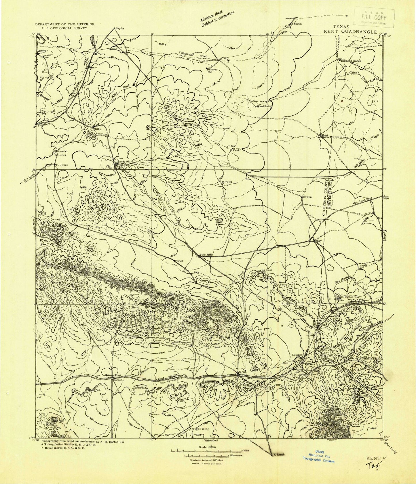Historic 1928 Kent Texas 30'x30' Topo Map Image
