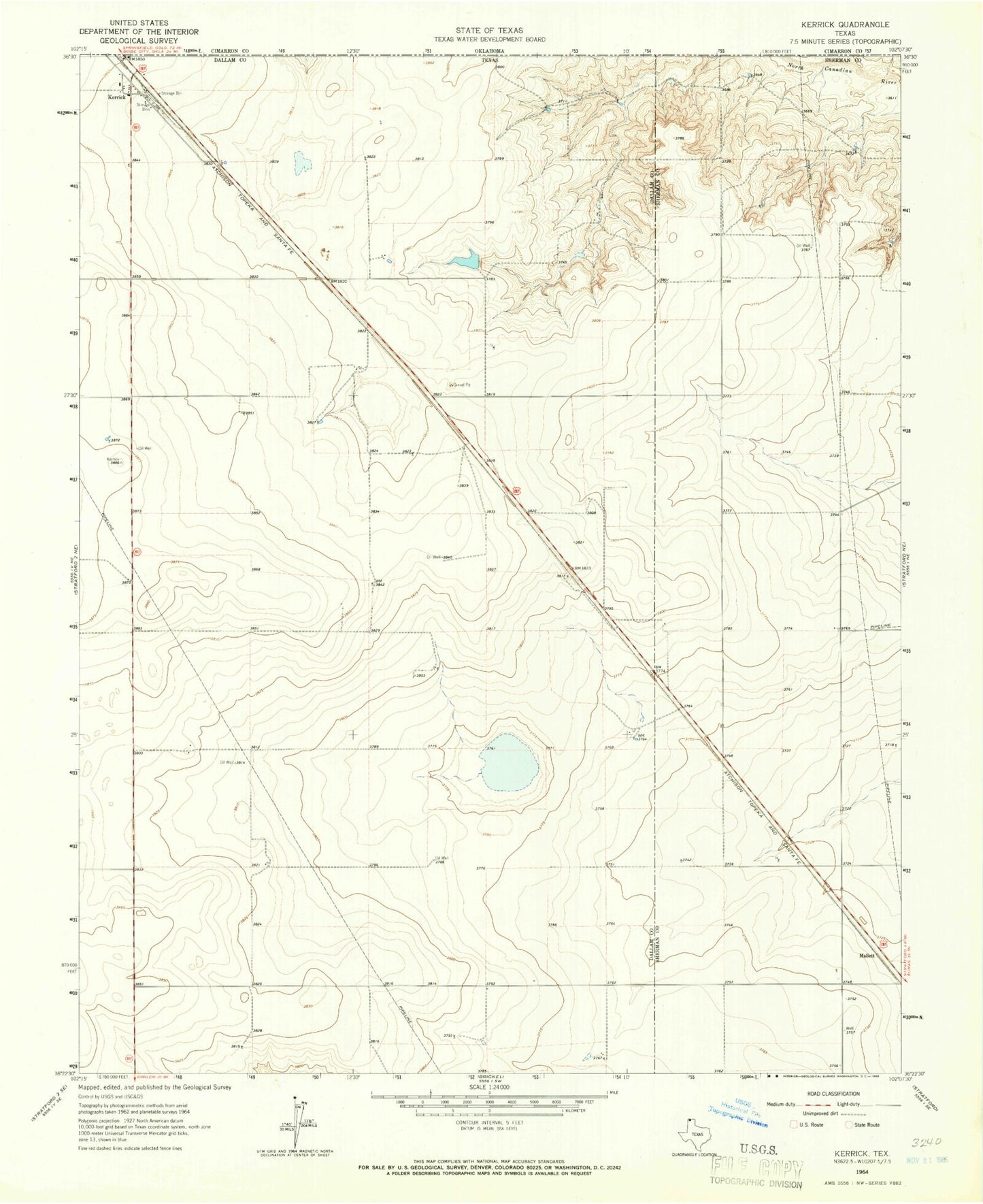 Classic USGS Kerrick Texas 7.5'x7.5' Topo Map Image