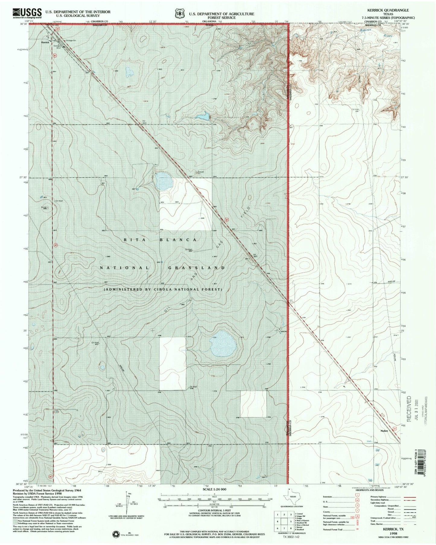 Classic USGS Kerrick Texas 7.5'x7.5' Topo Map Image