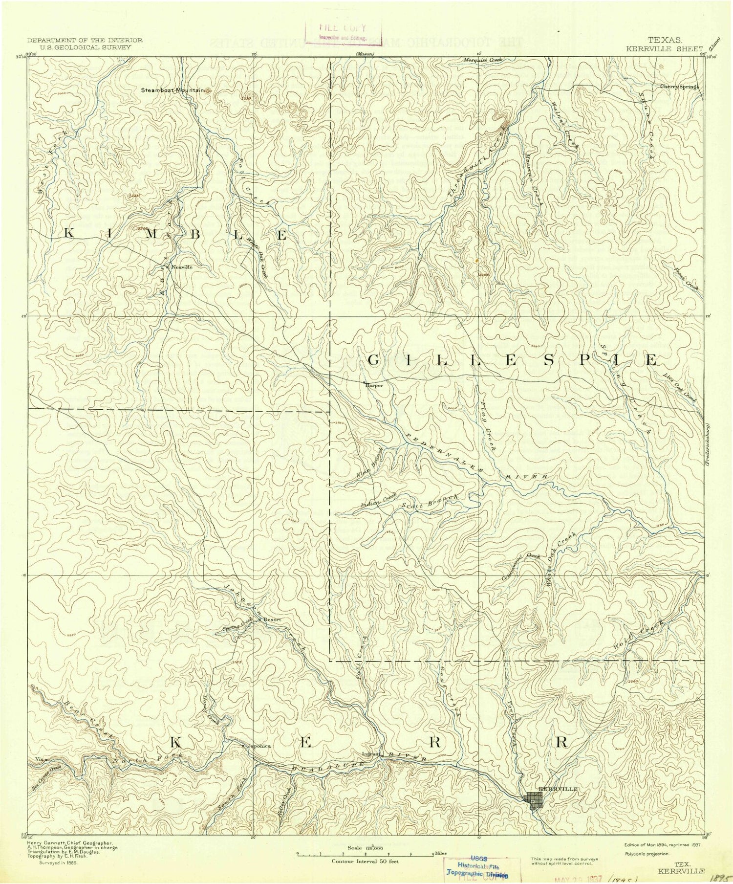 Historic 1894 Kerrville Texas 30'x30' Topo Map Image