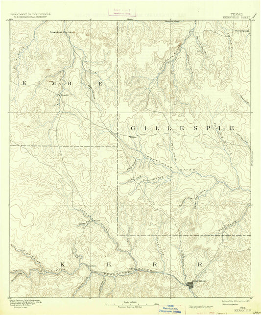 Historic 1894 Kerrville Texas 30'x30' Topo Map Image