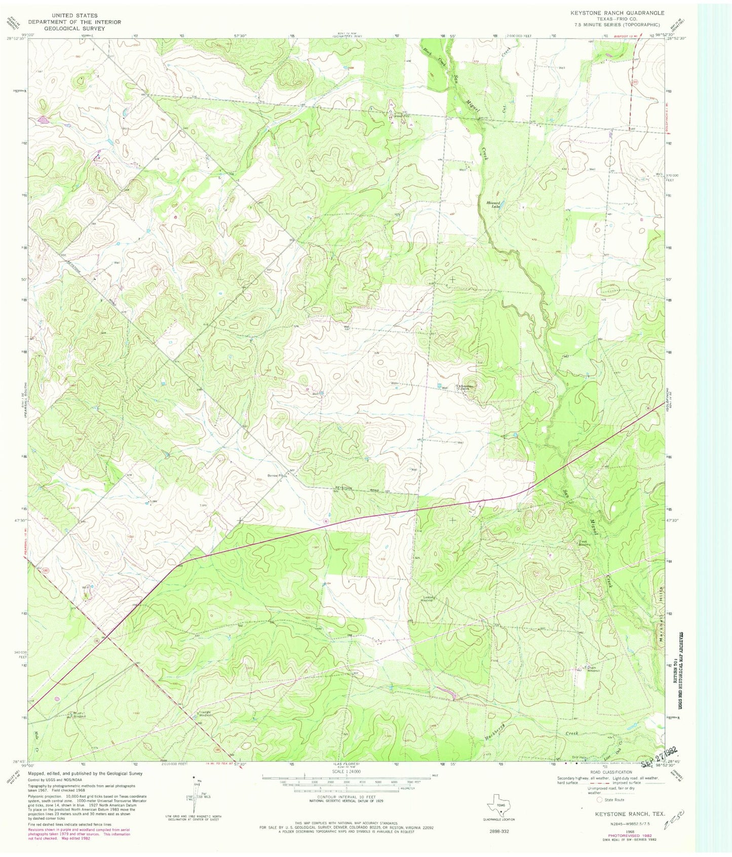 Classic USGS Keystone Ranch Texas 7.5'x7.5' Topo Map Image