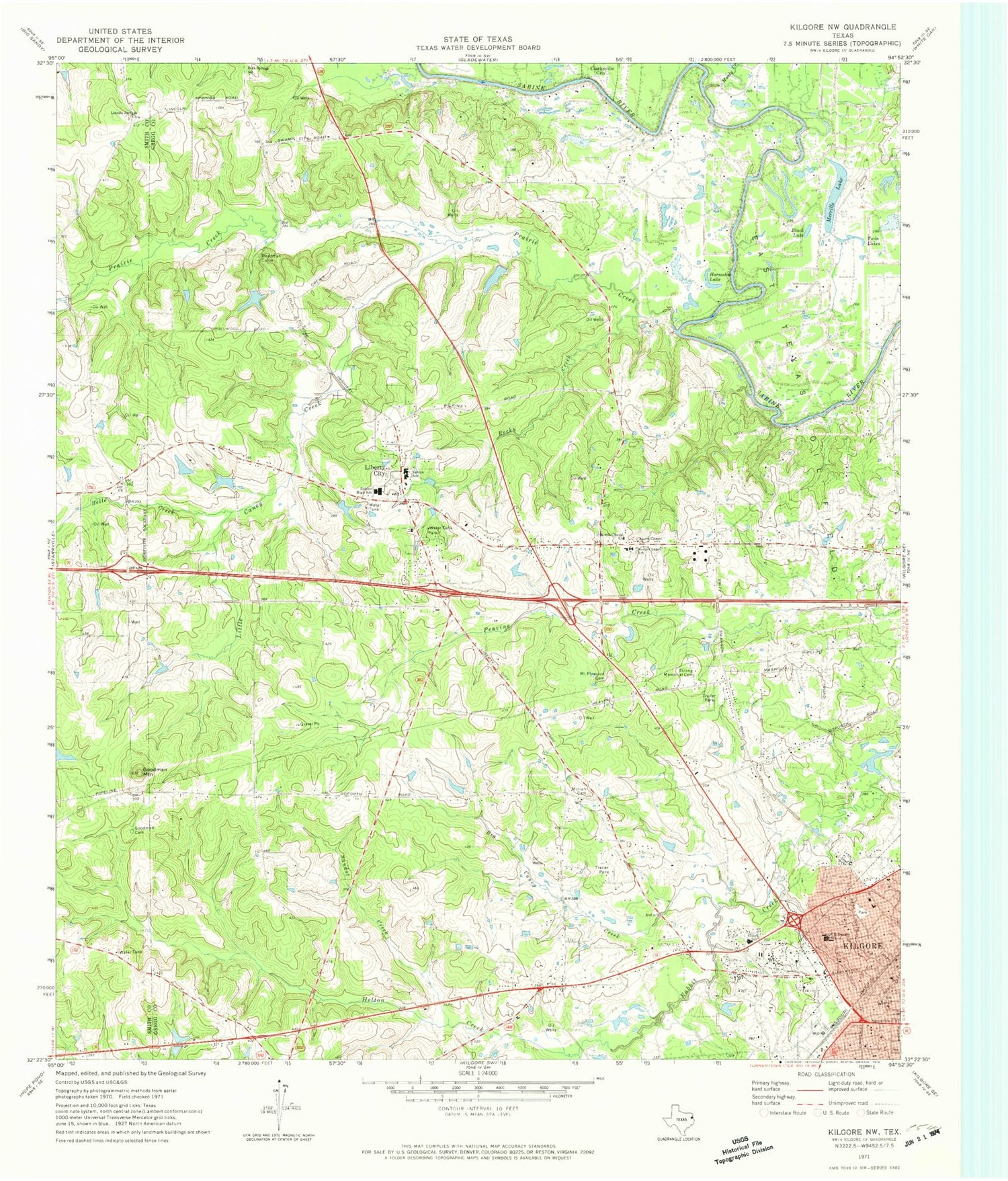 Classic USGS Kilgore NW Texas 7.5'x7.5' Topo Map Image