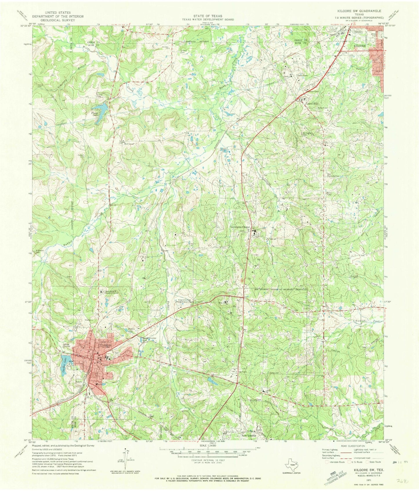 Classic USGS Kilgore SW Texas 7.5'x7.5' Topo Map Image