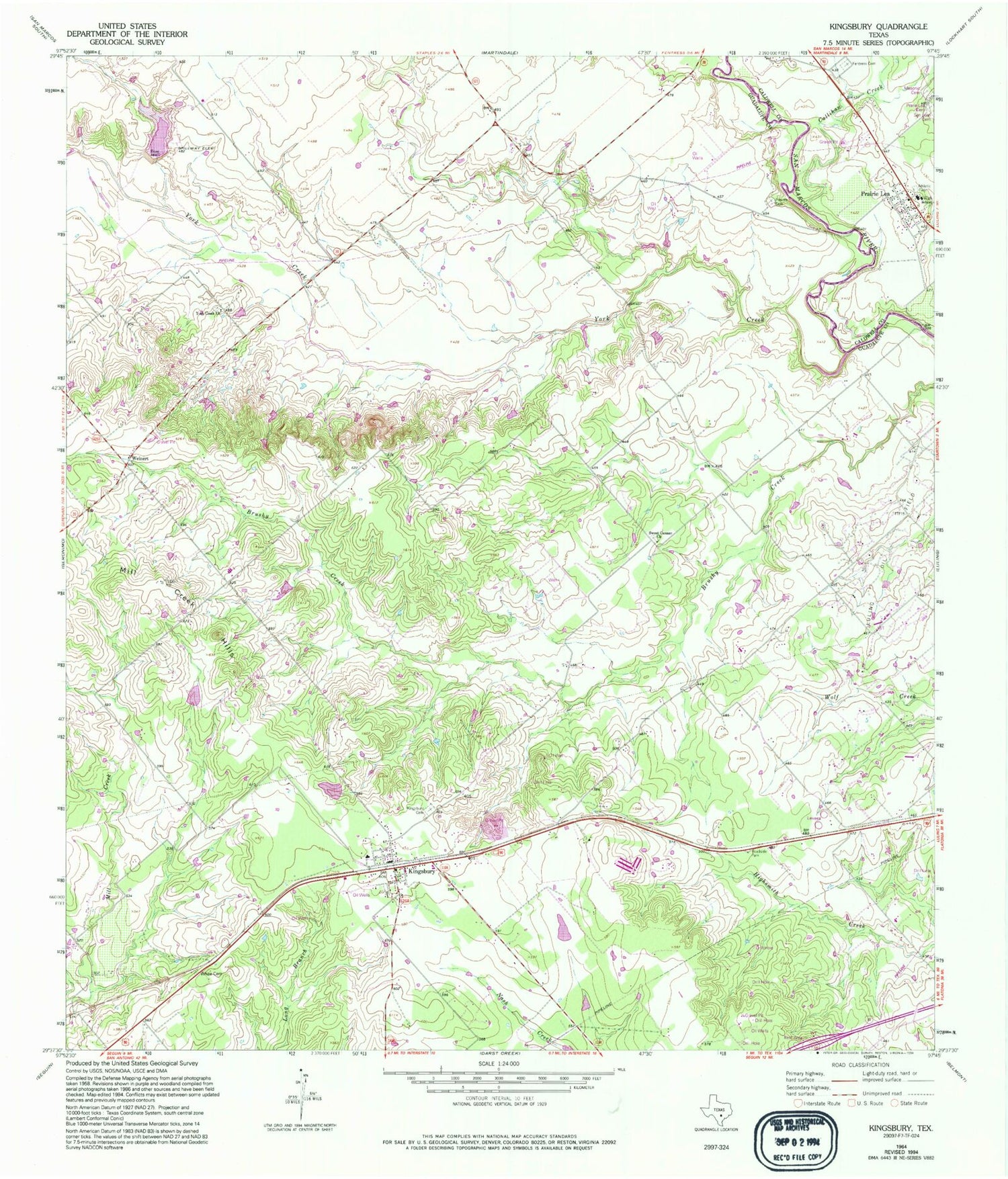 Classic USGS Kingsbury Texas 7.5'x7.5' Topo Map Image