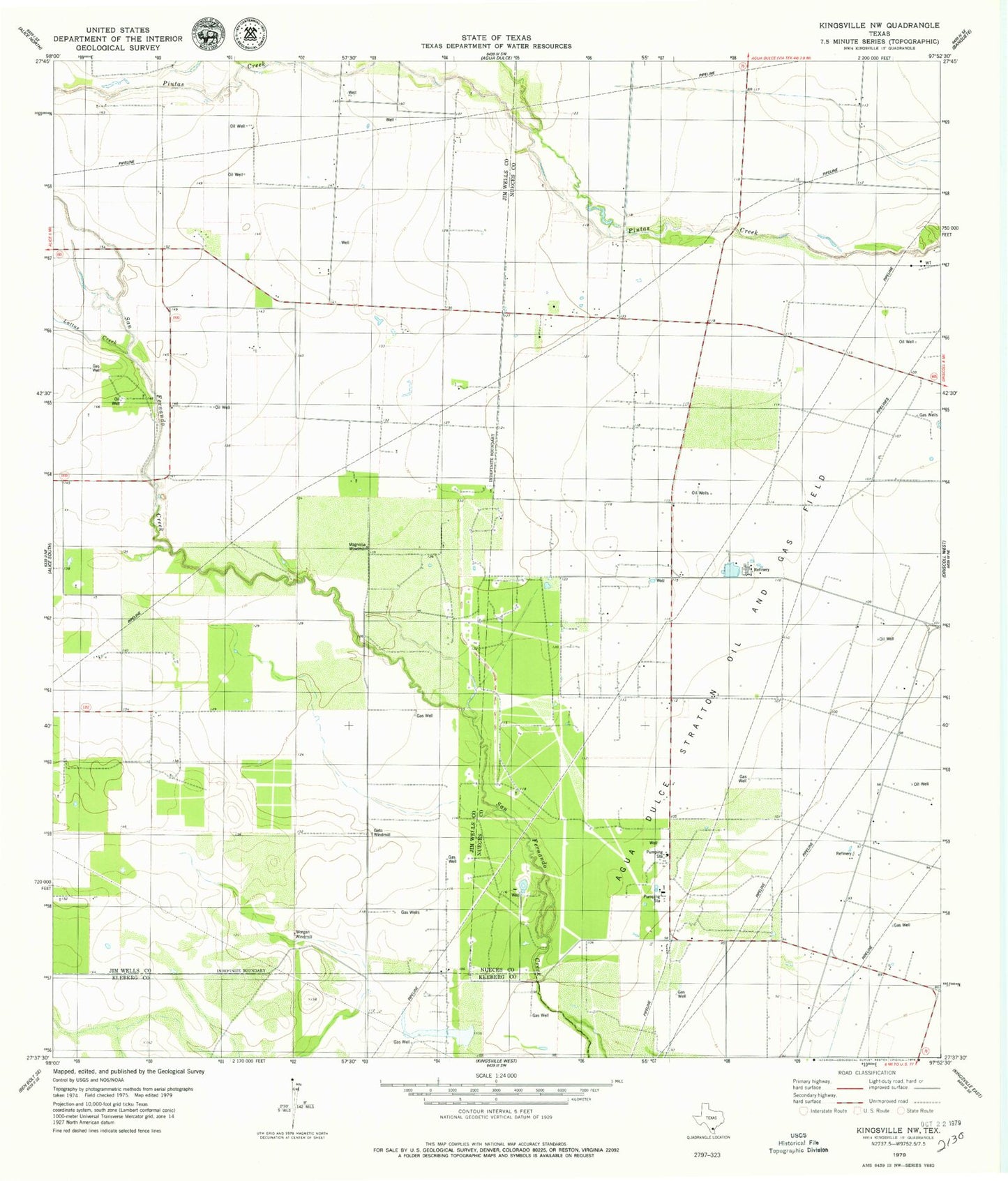 Classic USGS Kingsville NW Texas 7.5'x7.5' Topo Map Image