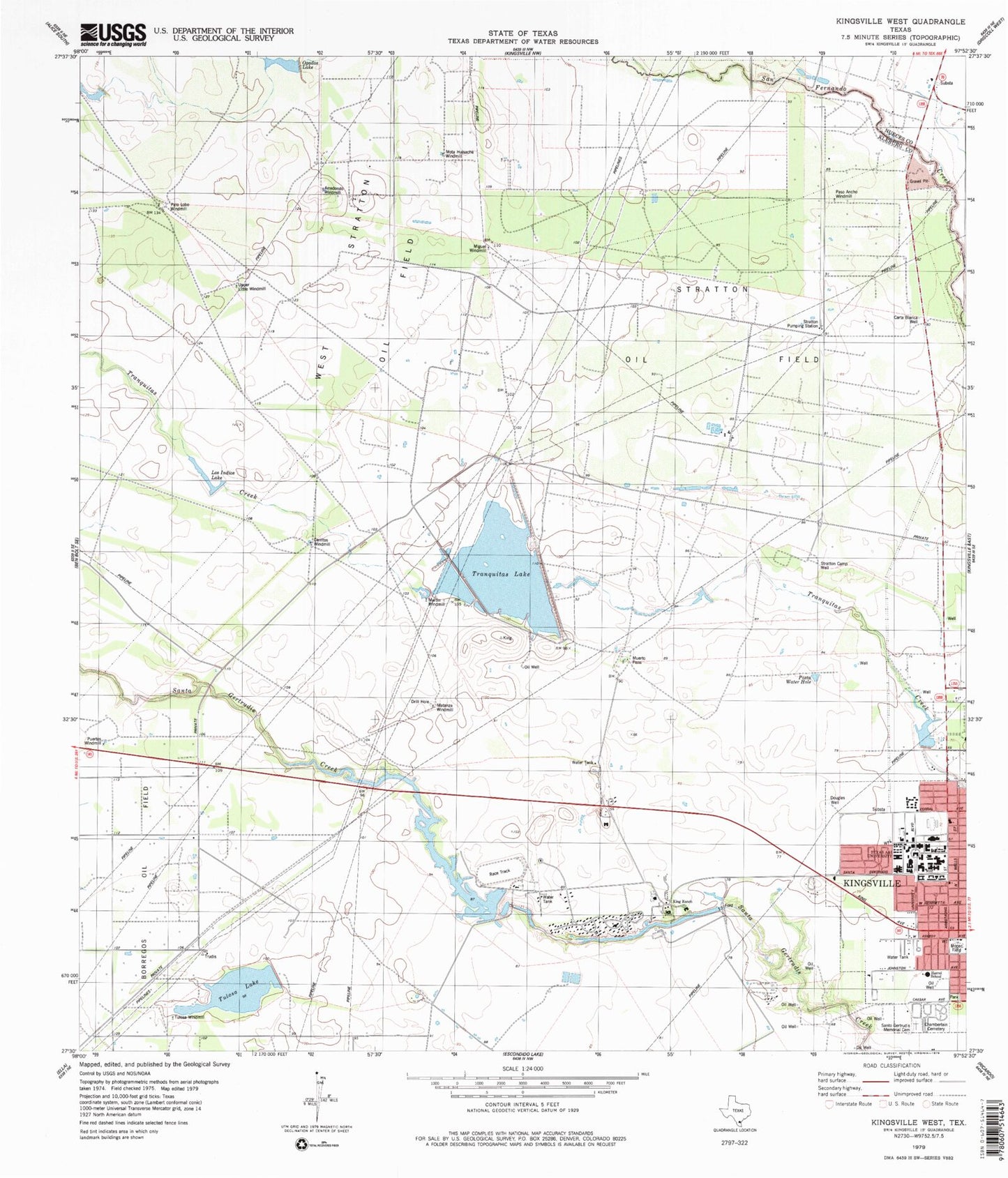 Classic USGS Kingsville West Texas 7.5'x7.5' Topo Map Image