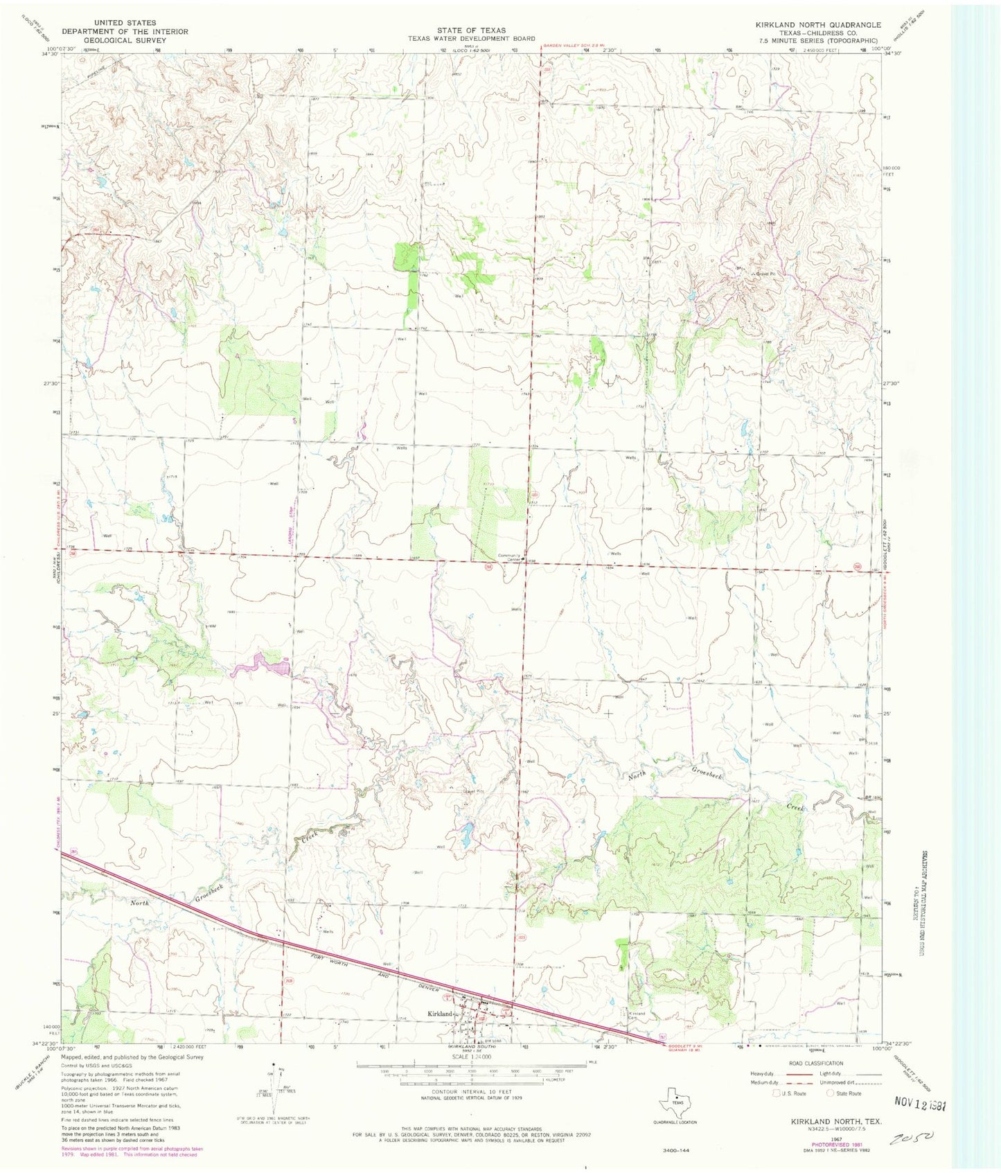 Classic USGS Kirkland North Texas 7.5'x7.5' Topo Map Image