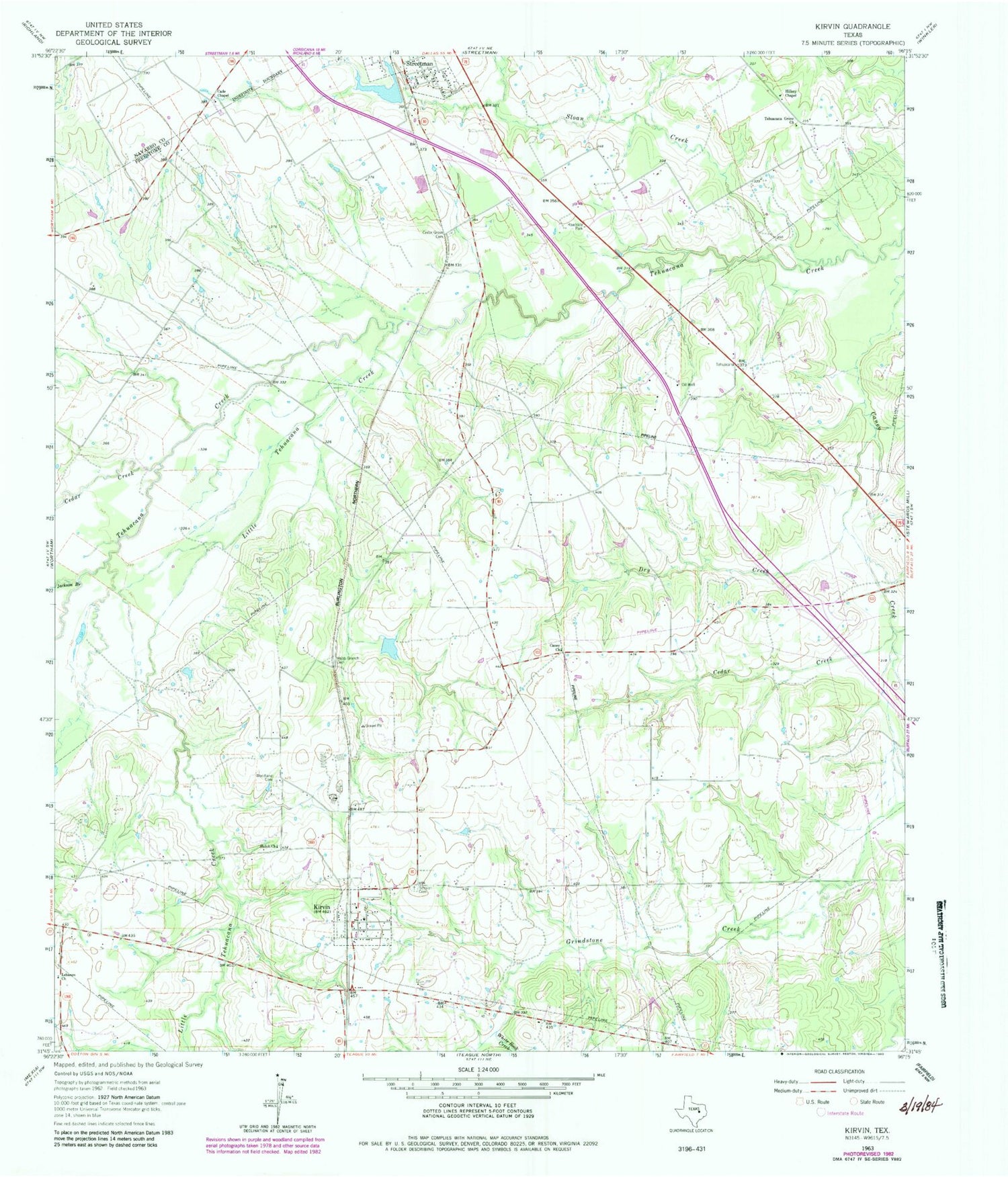 Classic USGS Kirvin Texas 7.5'x7.5' Topo Map Image