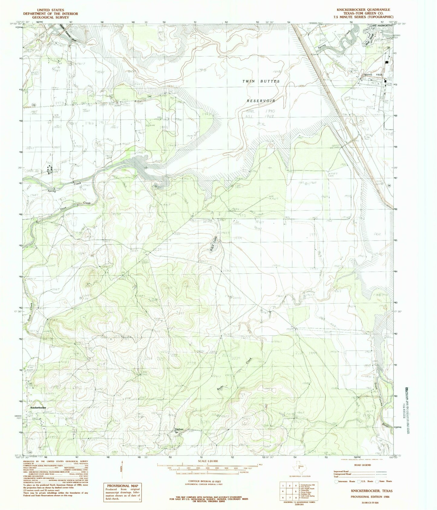 Classic USGS Knickerbocker Texas 7.5'x7.5' Topo Map Image