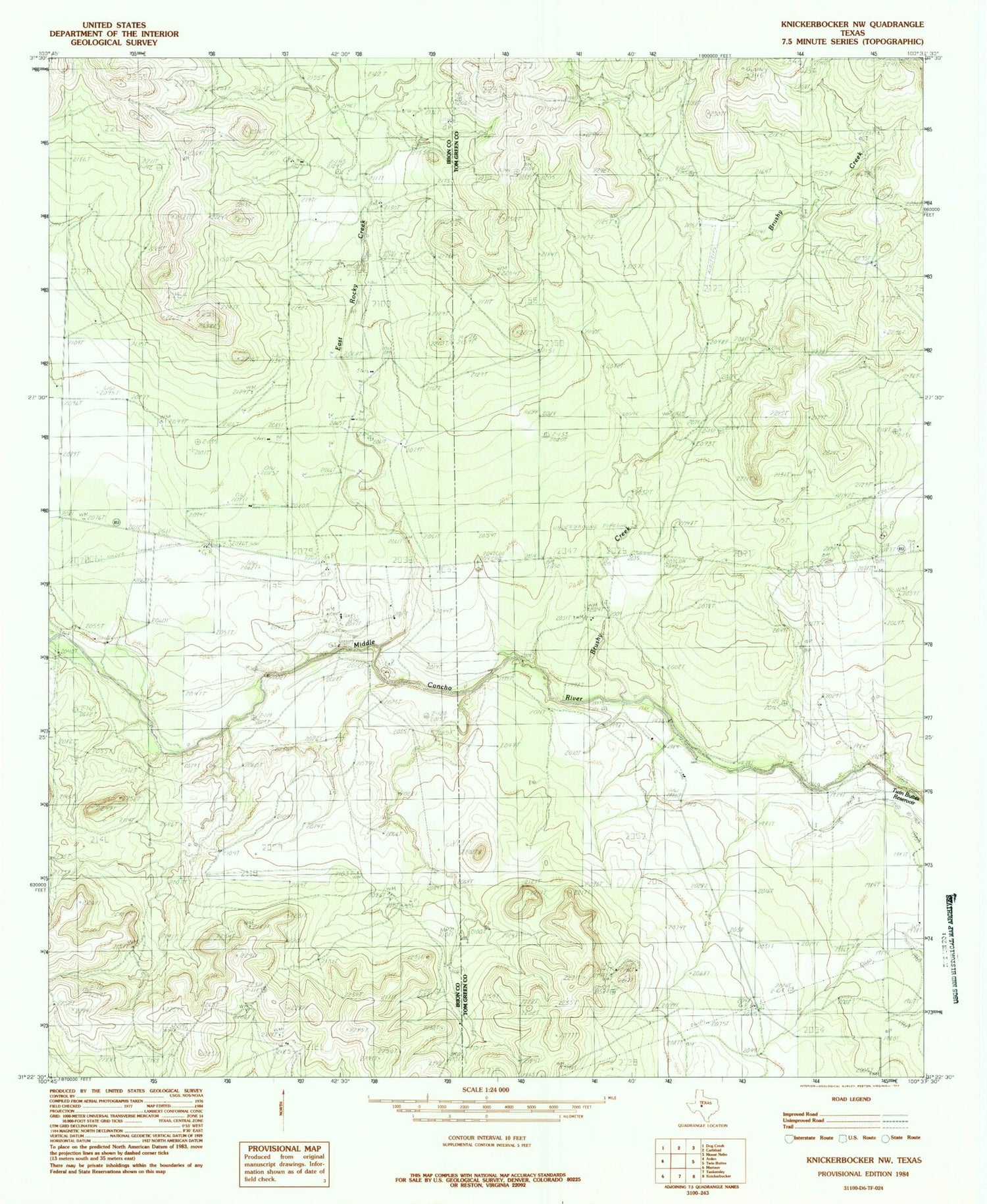 Classic USGS Knickerbocker NW Texas 7.5'x7.5' Topo Map Image