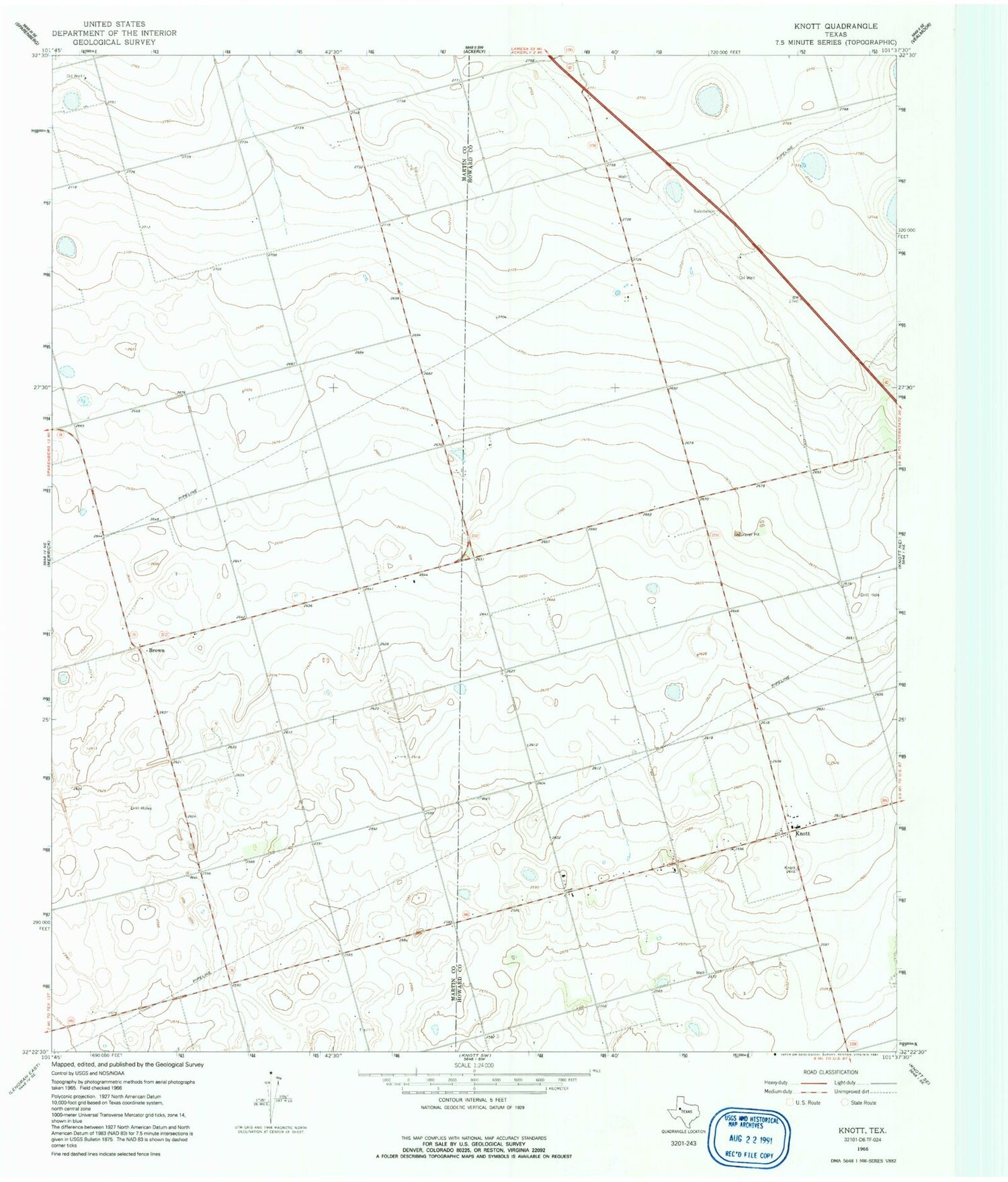 Classic USGS Knott Texas 7.5'x7.5' Topo Map Image