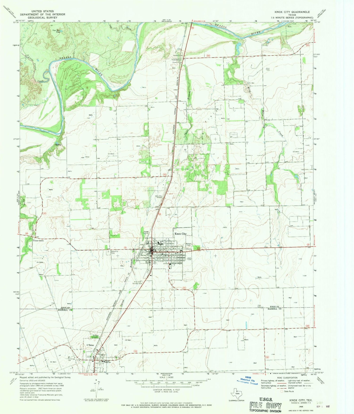 Classic USGS Knox City Texas 7.5'x7.5' Topo Map Image