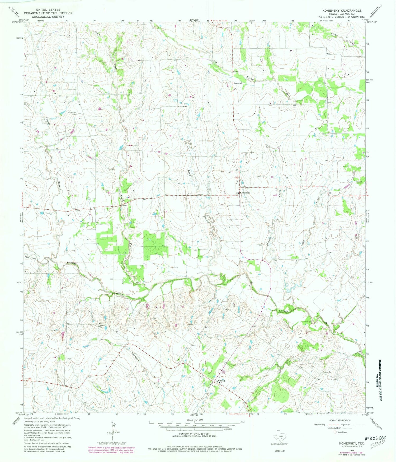 Classic USGS Komensky Texas 7.5'x7.5' Topo Map Image