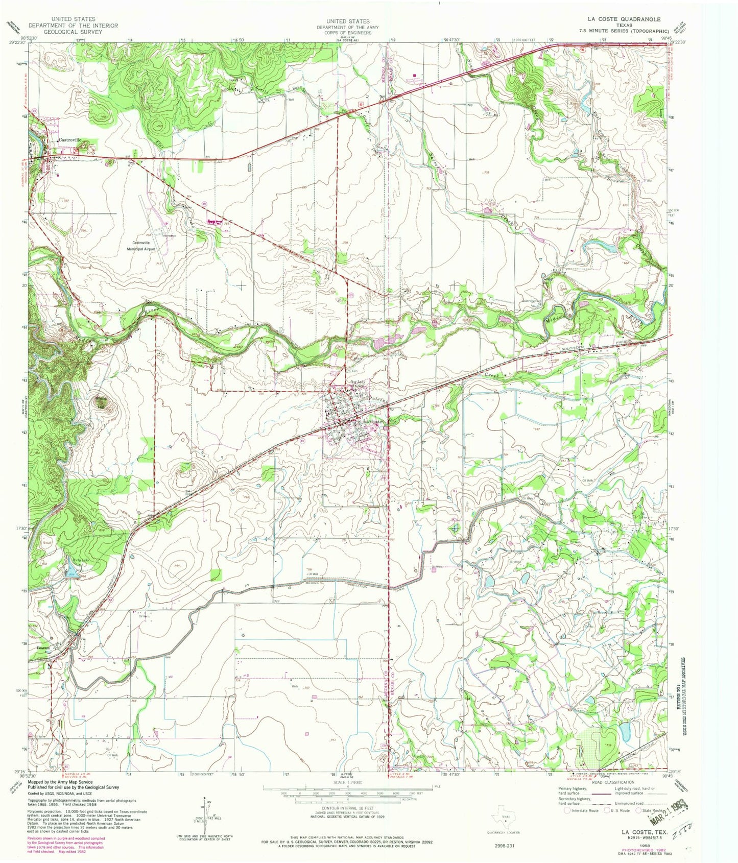 Classic USGS La Coste Texas 7.5'x7.5' Topo Map Image