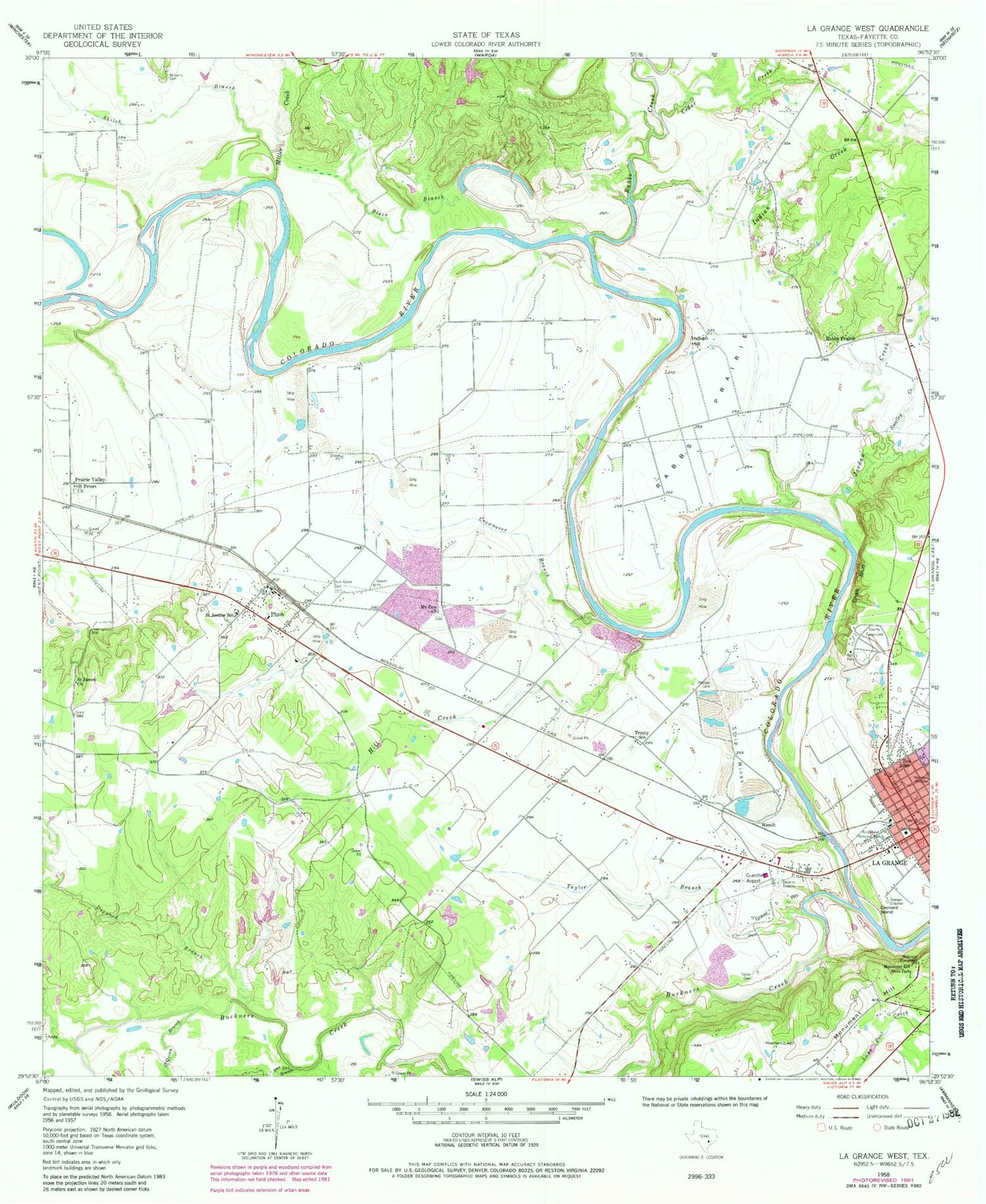 Classic USGS La Grange West Texas 7.5'x7.5' Topo Map Image