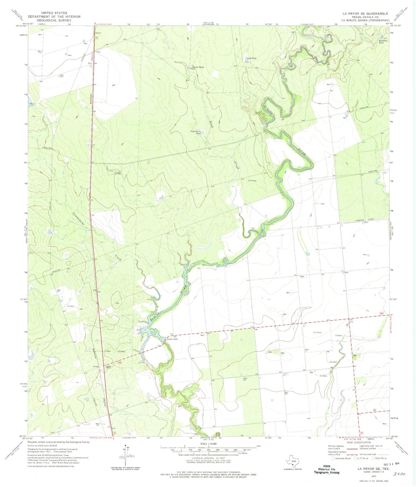 Classic USGS La Pryor SE Texas 7.5'x7.5' Topo Map Image