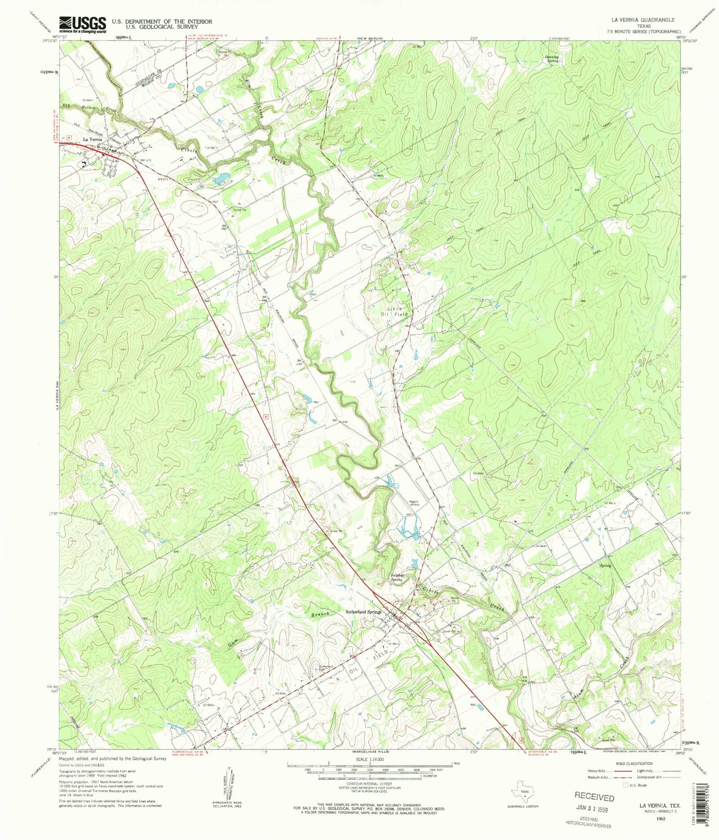 Classic USGS La Vernia Texas 7.5'x7.5' Topo Map Image