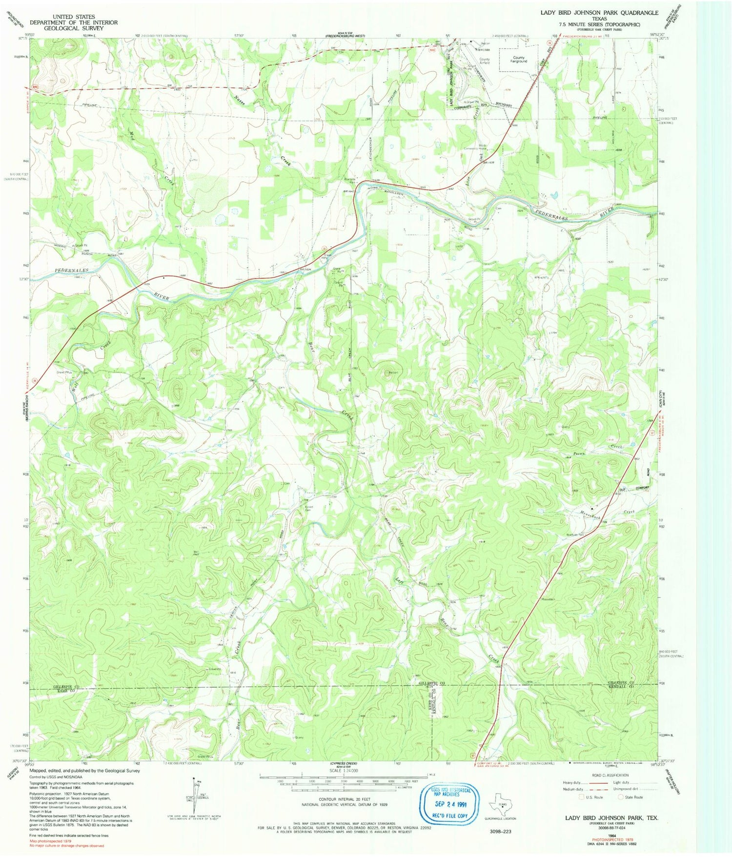 Classic USGS Lady Bird Johnson Park Texas 7.5'x7.5' Topo Map Image