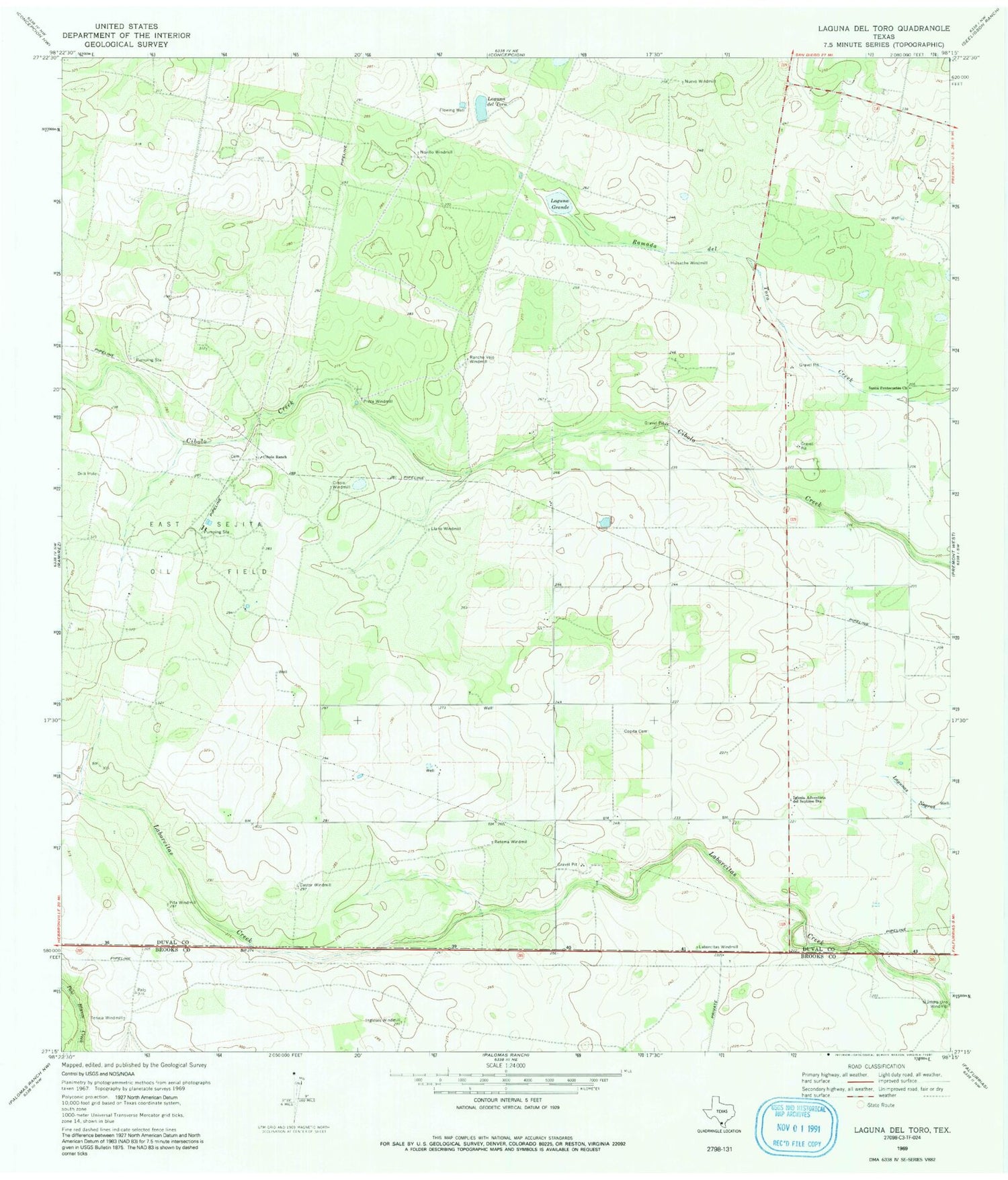 Classic USGS Laguna Del Toro Texas 7.5'x7.5' Topo Map Image