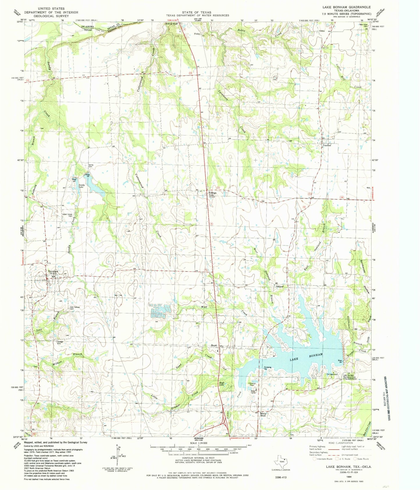 Classic USGS Lake Bonham Texas 7.5'x7.5' Topo Map Image