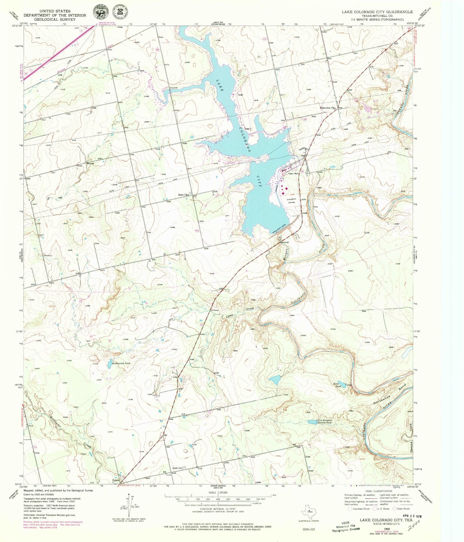 Classic USGS Lake Colorado City Texas 7.5'x7.5' Topo Map Image
