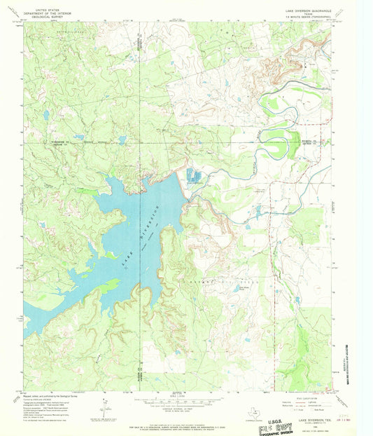 Classic USGS Lake Diversion Texas 7.5'x7.5' Topo Map Image
