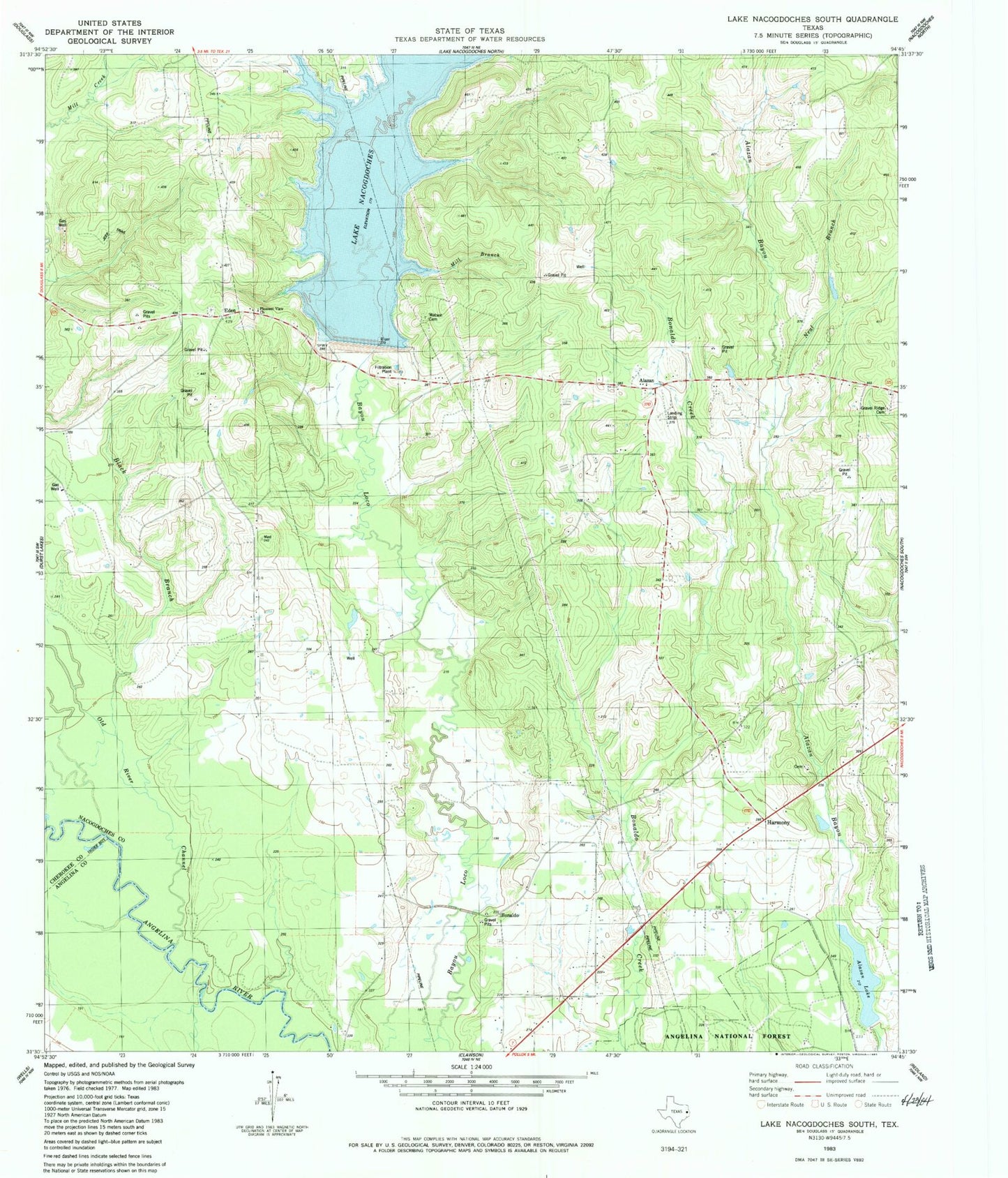 Classic USGS Lake Nacogdoches South Texas 7.5'x7.5' Topo Map Image
